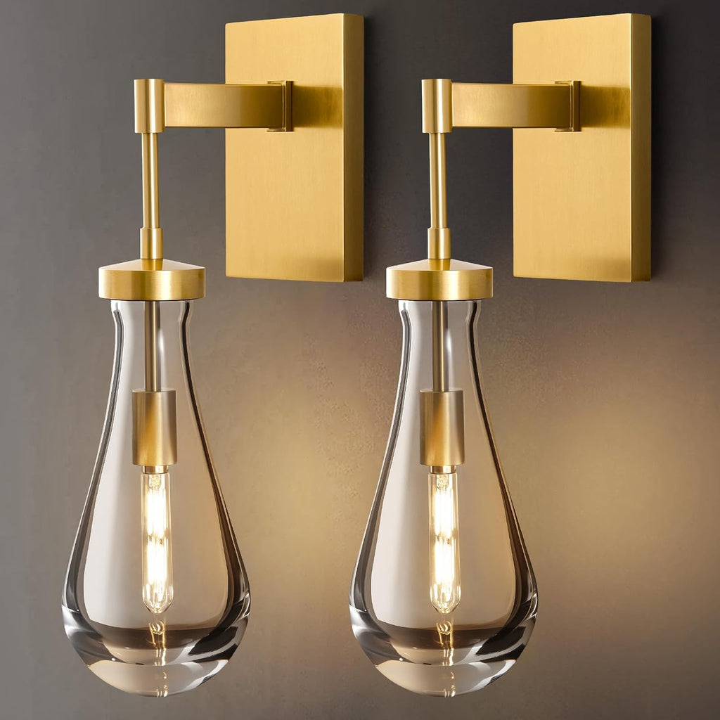 Raindrop Brass Crystal Wall Sconce: Set of 2 Clear Solid Indoor Sconces with Bulbs - Luxury Modern Gold Light Fixtures - Dimmable Vanity Lamp for Bedroom Living Room Bathroom Hallway Bedside Lighting