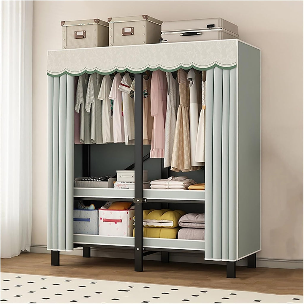 Foldable Clothe Rack With Cover, Portable Wardrobe Closet, Garment Rack For Hanging Clothes Rack, Curtain Metal Clothing Organizer, For Bedroom(Green,130cm/51.2inch)