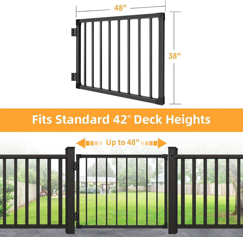 Deck Fence Gate Outdoor, 38″ Gate for 42″ Deck, Black Heavy Duty Steel Anti-Rust Door with Cuttable Width (Up to 48'), Metal Gate for Residential, Yard, Patio, with Hinges and Latch