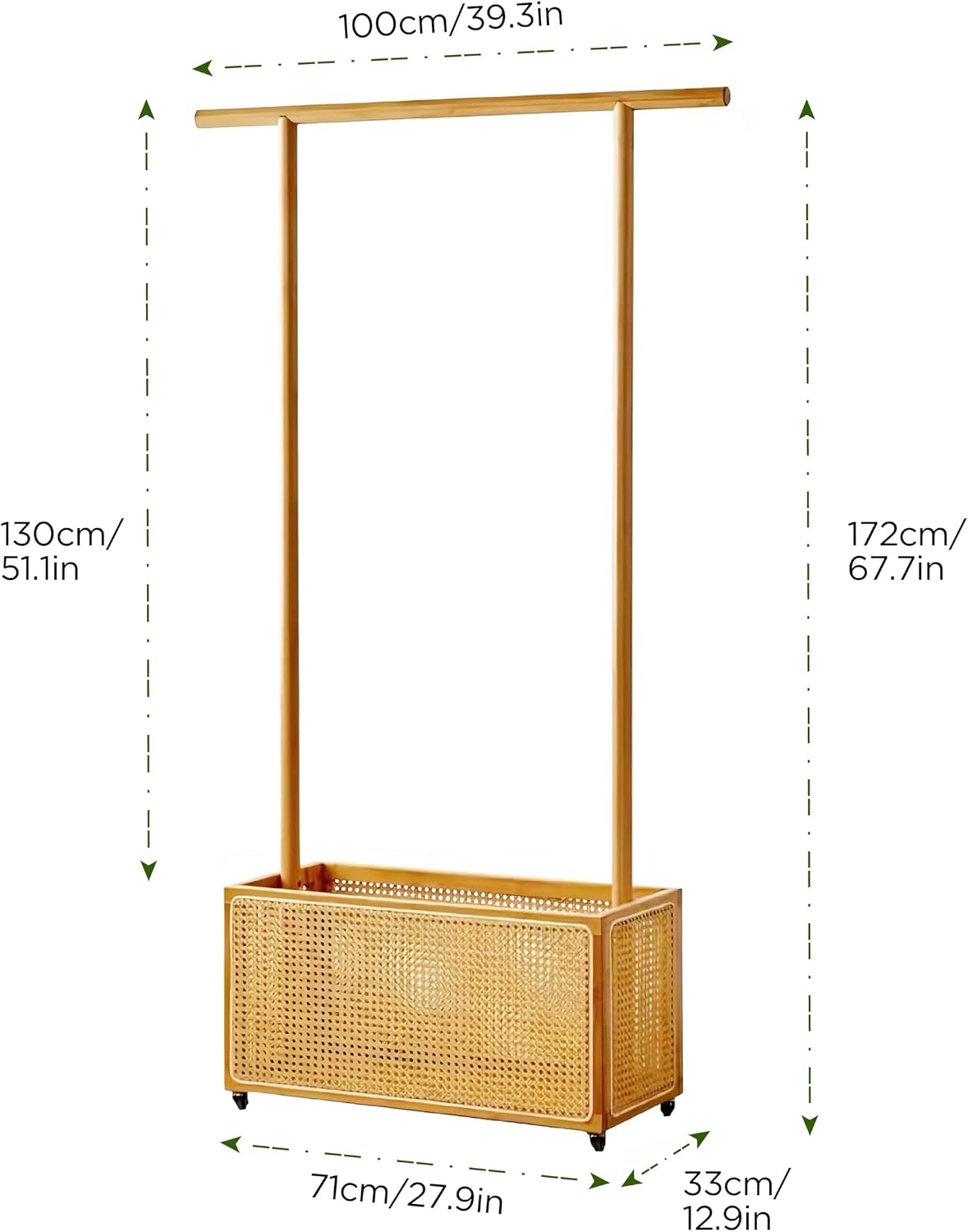 Bamboo Rolling Clothes Rack with Open Rattan Large Organizer, Garment Rack Stand Storage Box for Hanging Clothes, Natural Wood Wardrobe Shelves with Wheels for Entryway Bed Room (Creative Design)