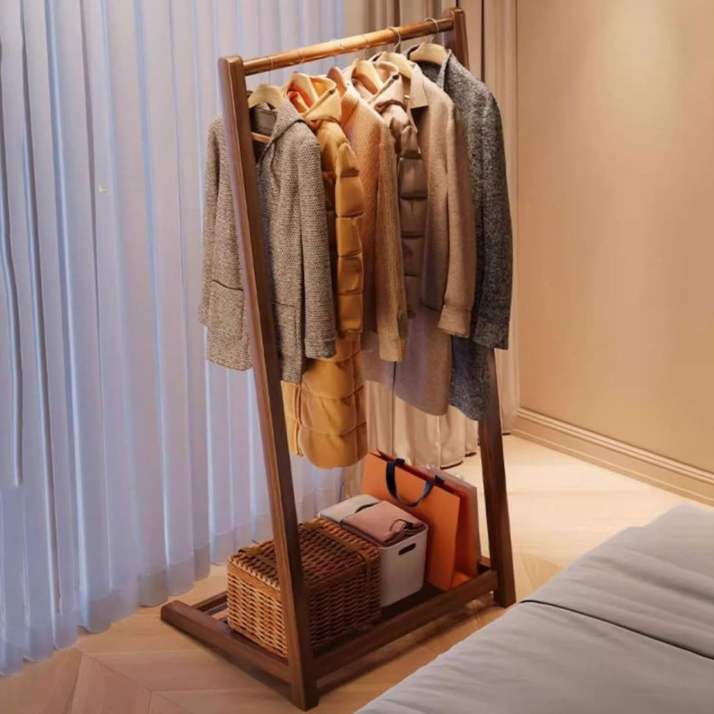 Bamboo Clothing Rack L-shape Coat Rack with Storage Shelves, Free Standing Clothes Hanging Rail Garment Rack for Entryway Bedroom Living Room