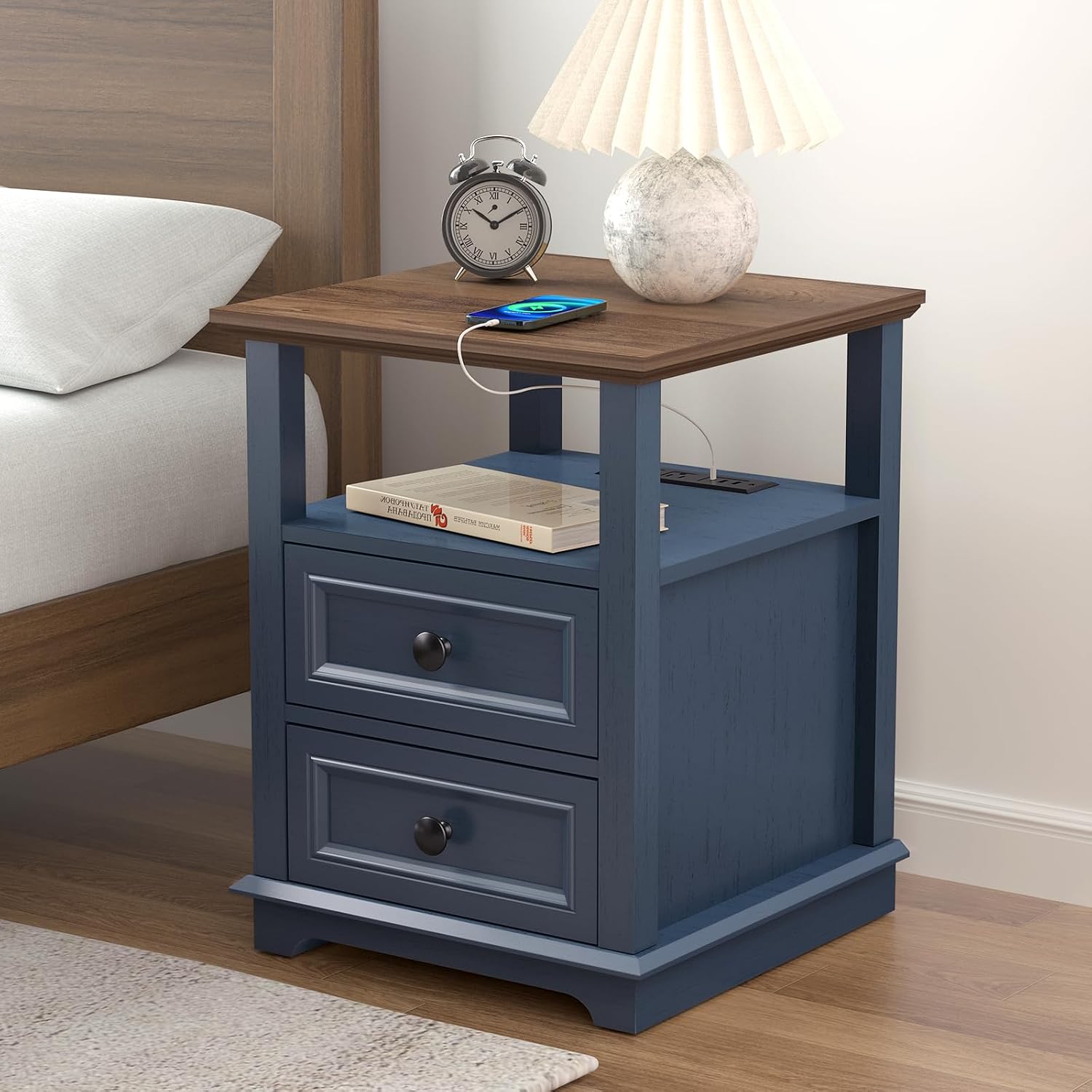 REDAYFUR 24' Tall Nightstand with Charging Station Set of 2, Fast Charge End Table Set of 2, Large 18' Bedside Table with Drawers, Storage Cabinet with Open Shelf for Bedroom, Blue