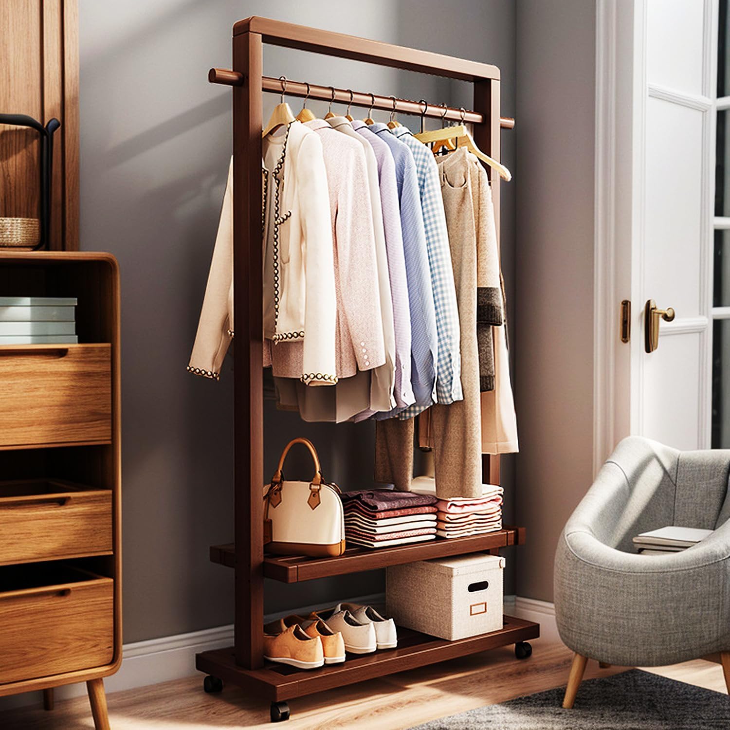 Large Solid Wood Clothes Rack, Garment Rack for Hanging Clothes, Bamboo Clothing Rack with Storage Shelf & Wheels, Portable Clothes Rack Coat Rack for Entryway and Bedroom,Brown,120cm