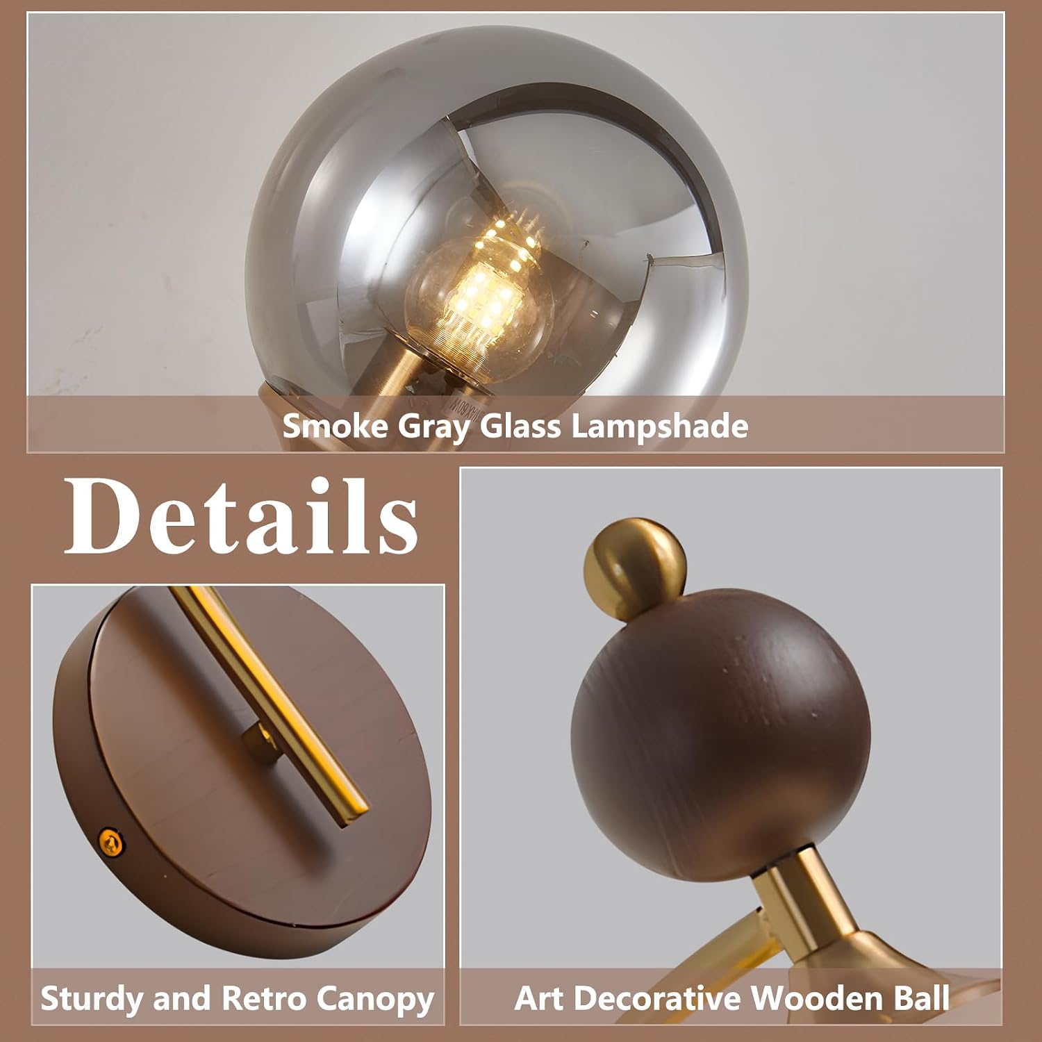 BOKT Modern Glass Globe Wall Sconce with 5.9' Smoke Grey Round Lampshade Small Wall Sconces Set of Two Farmhouse Wall Mounted Sconce Light Vintage Wooden Wall Lights for Bedroom Bathroom