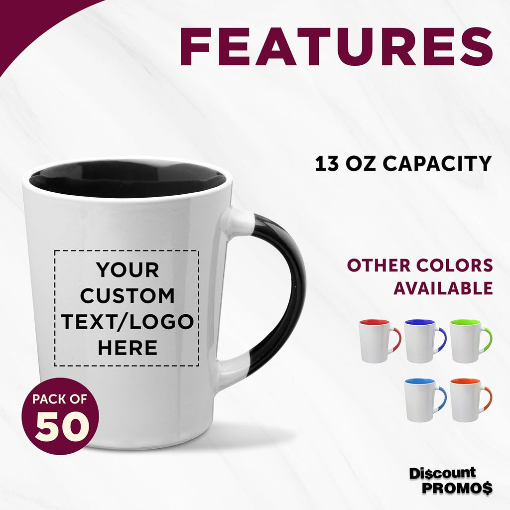 Custom Ceramic Latte Coffee Mugs by Albany 13 oz. Set of 50, Personalized Bulk Pack - Perfect for Coffee, Tea, Espresso, Hot Cocoa, Other Beverages - Black