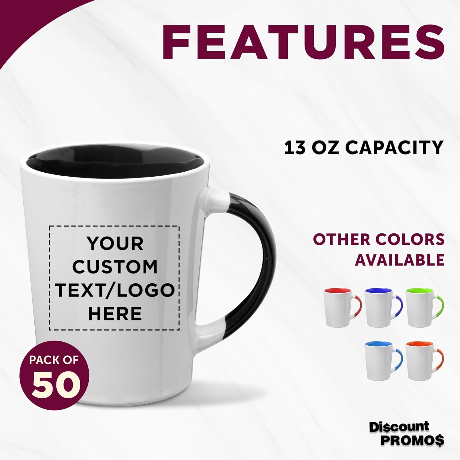 Custom Ceramic Latte Coffee Mugs by Albany 13 oz. Set of 50, Personalized Bulk Pack - Perfect for Coffee, Tea, Espresso, Hot Cocoa, Other Beverages - Black