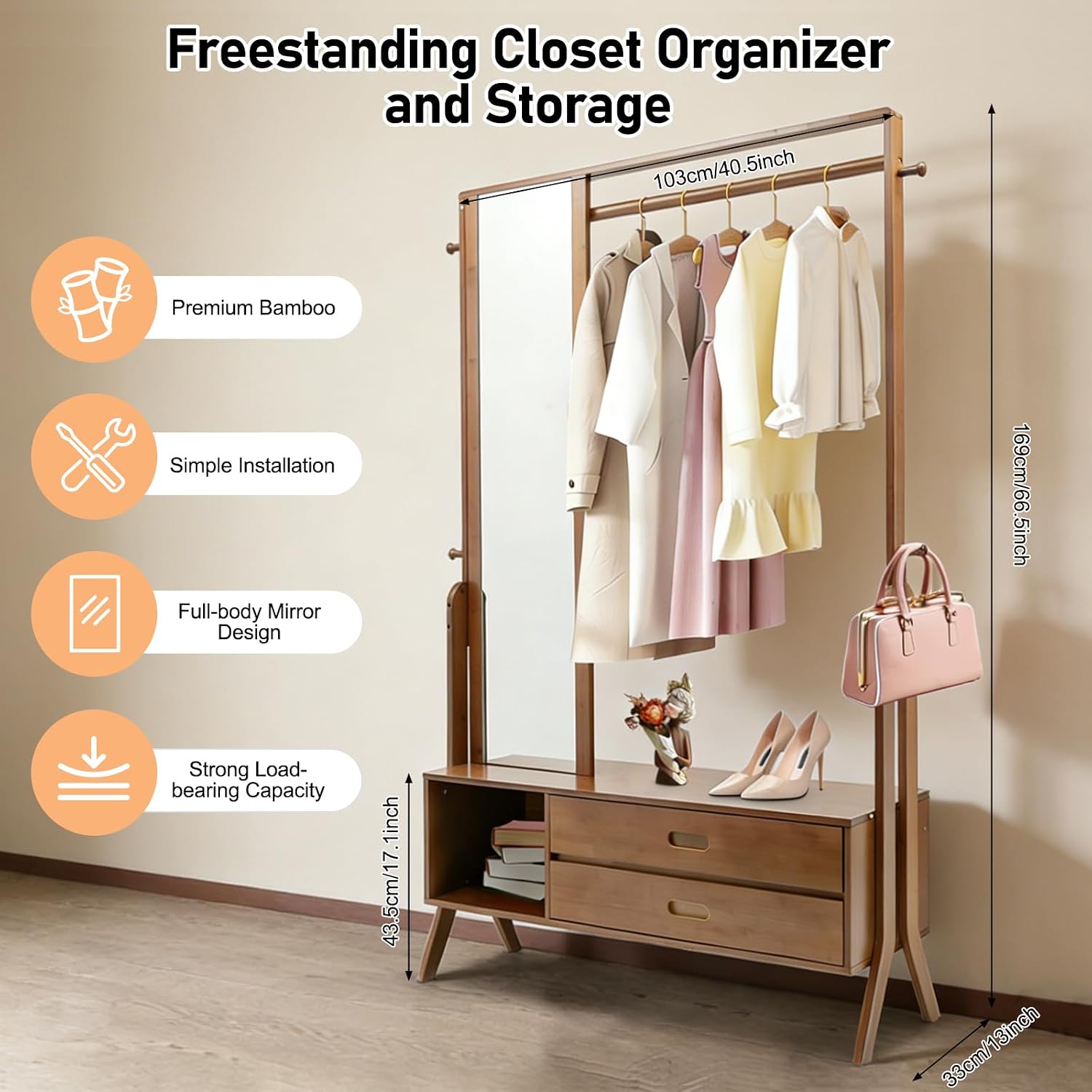 Bamboo Garment Rack, Freestanding Closet Organizer and Storage, Open Wardrobe for Entryway Full Body Mirror 220 lb Load Bearing for Doorways, Corridors, Living Rooms, Bedrooms
