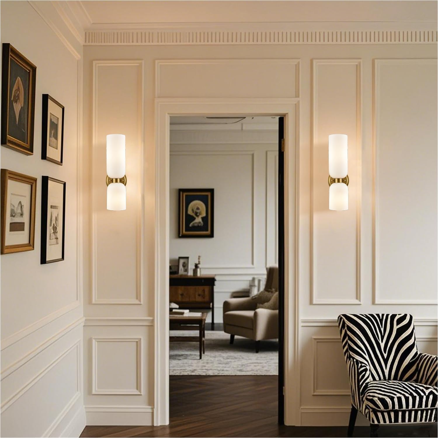DEYNITE Gold Wall Sconces Set of Two 2-Light Modern Wall Light 3.93'(W)*14.2'(H) Bathroom Vanity Light Milky White Glass
