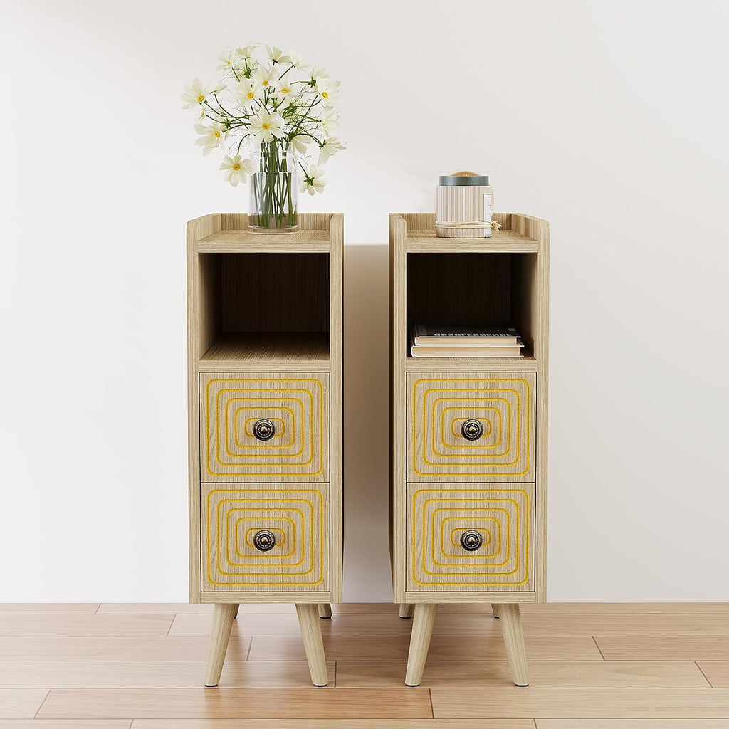 Nightstands Set of 2,Night Stand Bed Side Table with Storage Space,Wooden Bedside Table with Open Shelf,2 Drawers,End Table with Solid Wood Feet for Bedroom,College Dorm,Entryway (Natural)