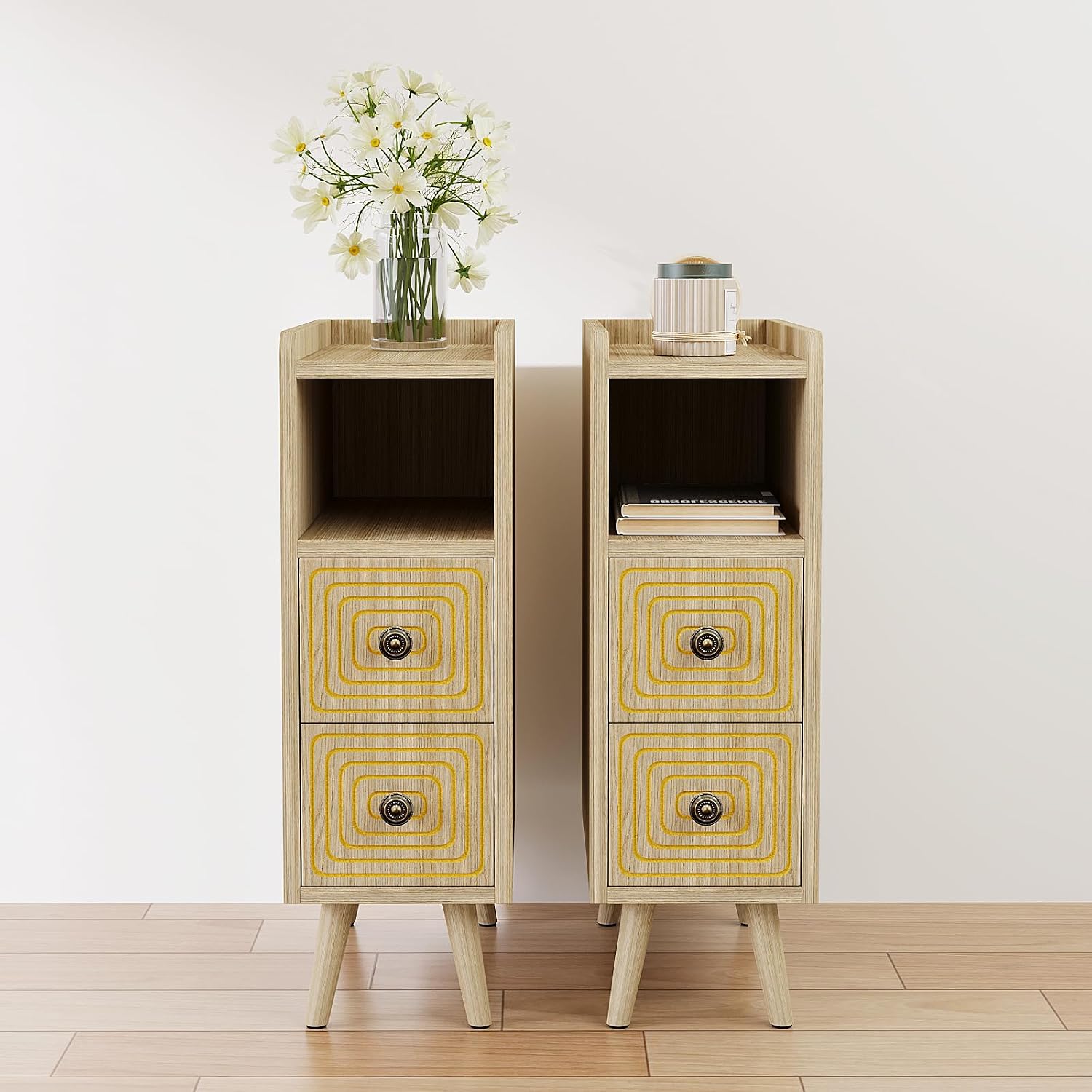 Nightstands Set of 2,Night Stand Bed Side Table with Storage Space,Wooden Bedside Table with Open Shelf,2 Drawers,End Table with Solid Wood Feet for Bedroom,College Dorm,Entryway (Natural)