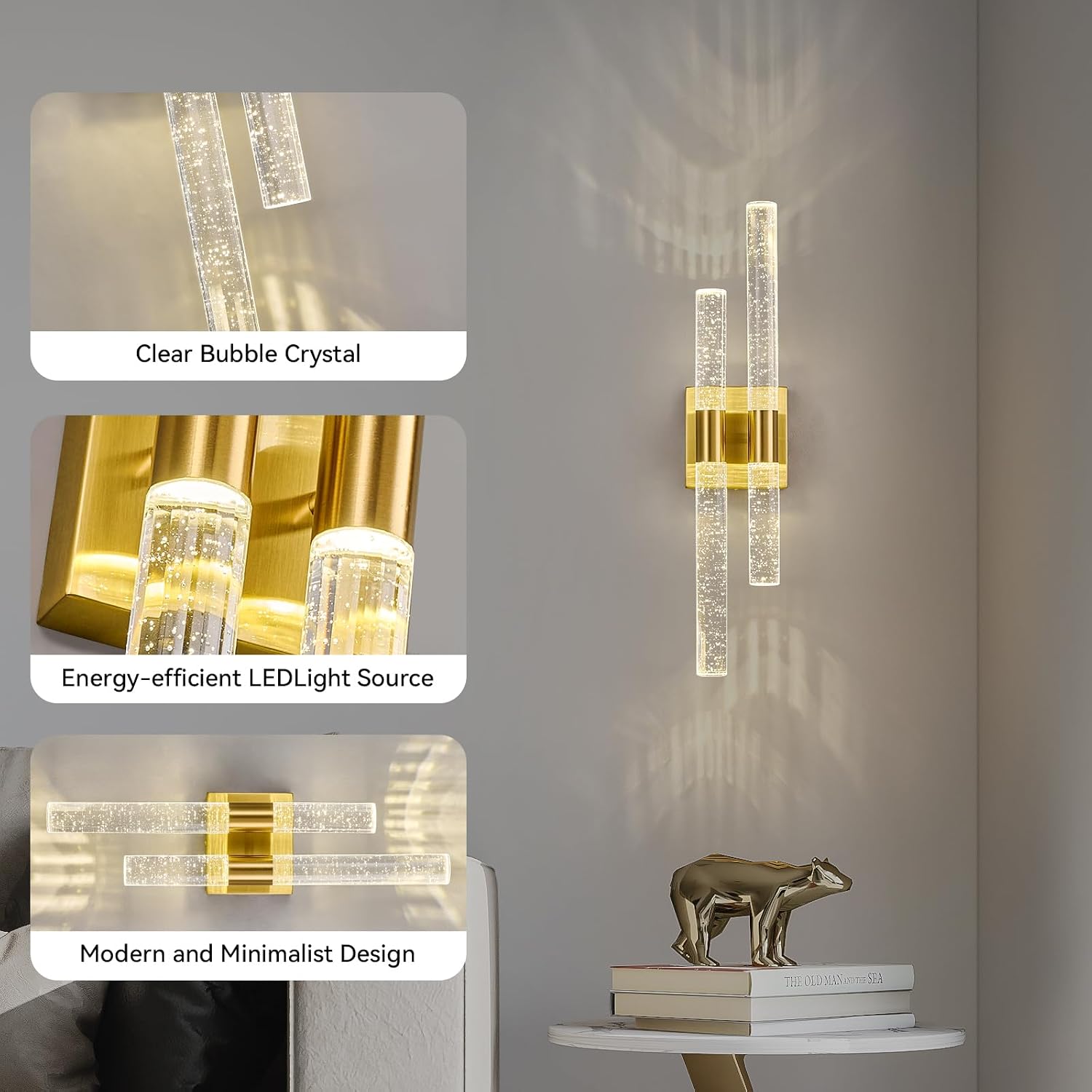 Crystal Wall Sconces Set of Two LED Bathroom Vanity Light Fixtures Gold 21.25in 4000K Vertical and Horizontal Wall Mounted Sconces for Bedroom, Living Room, Hallway