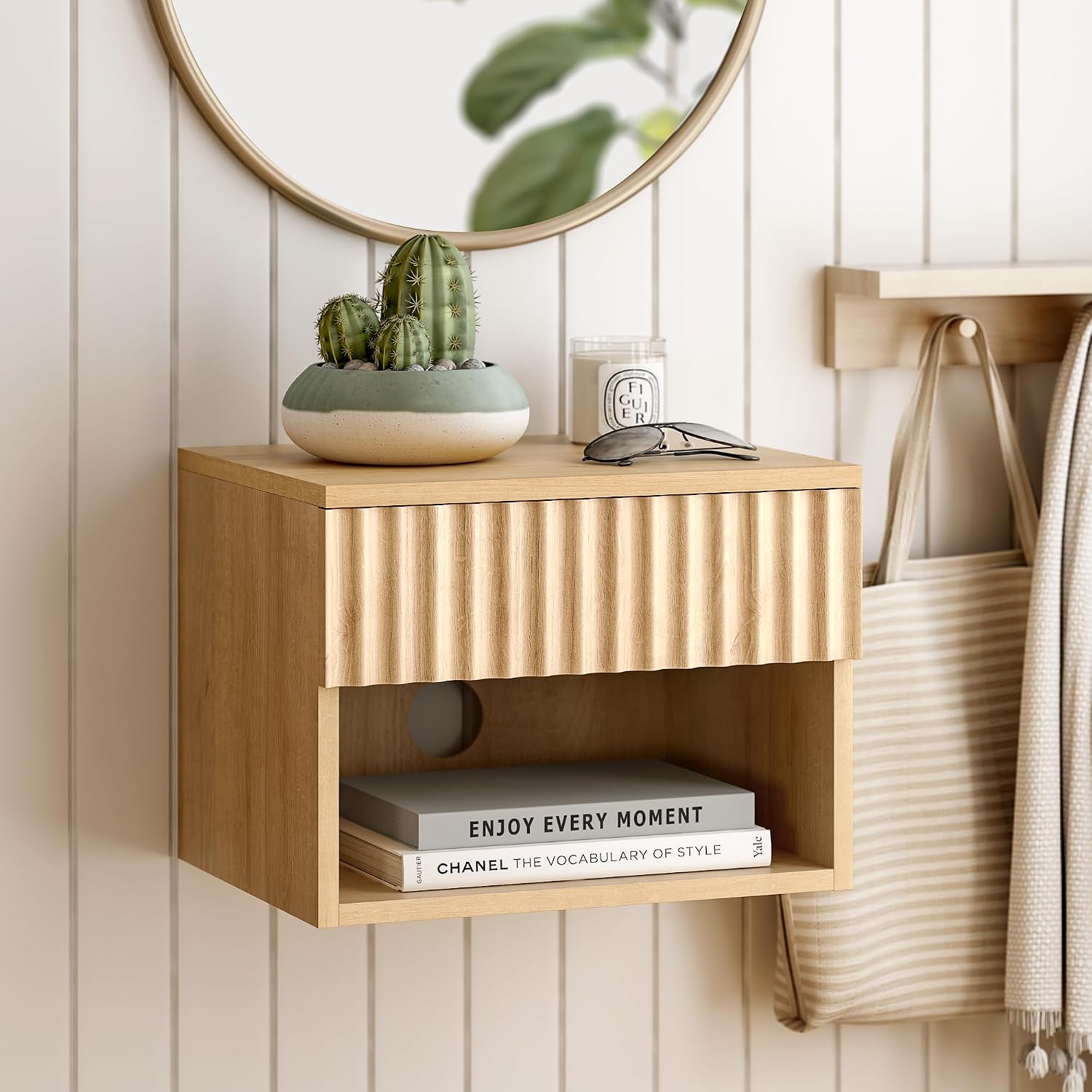 EYYTHUNG Small Floating Nightstand Set of 2, Modern Fluted Night Stand with Drawer and Open Storage Shelf Wall Mounted Bedside Tables Natural Oak