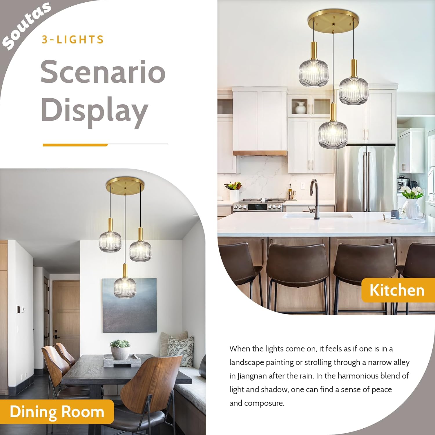 Gold 3-Light Pendant Light Fixture, Modern Smoke Gray Glass Cluster Pendant Lights Kitchen Island, Multi Light Pendant Chandelier Adjustable Hanging Lights for Dining Room Stairs Foyer