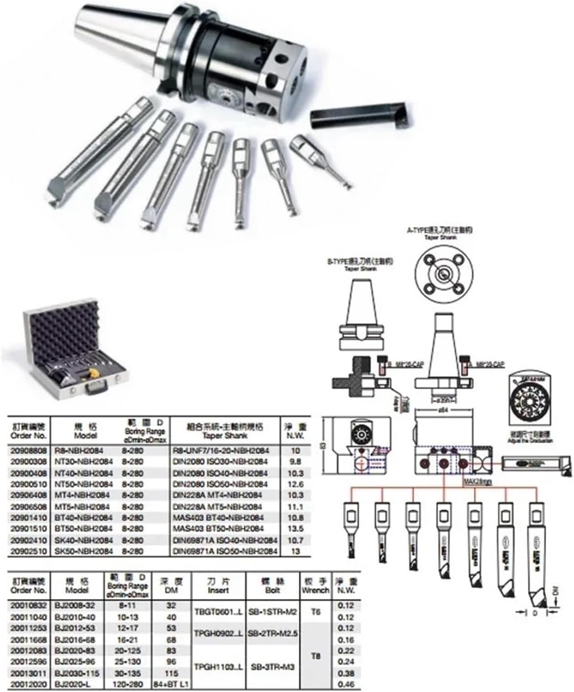 M12 NT30-NBH2084 0.01 Run Tool with NT Shank NBH2084 Boring Heads with 8pcs Boring bar