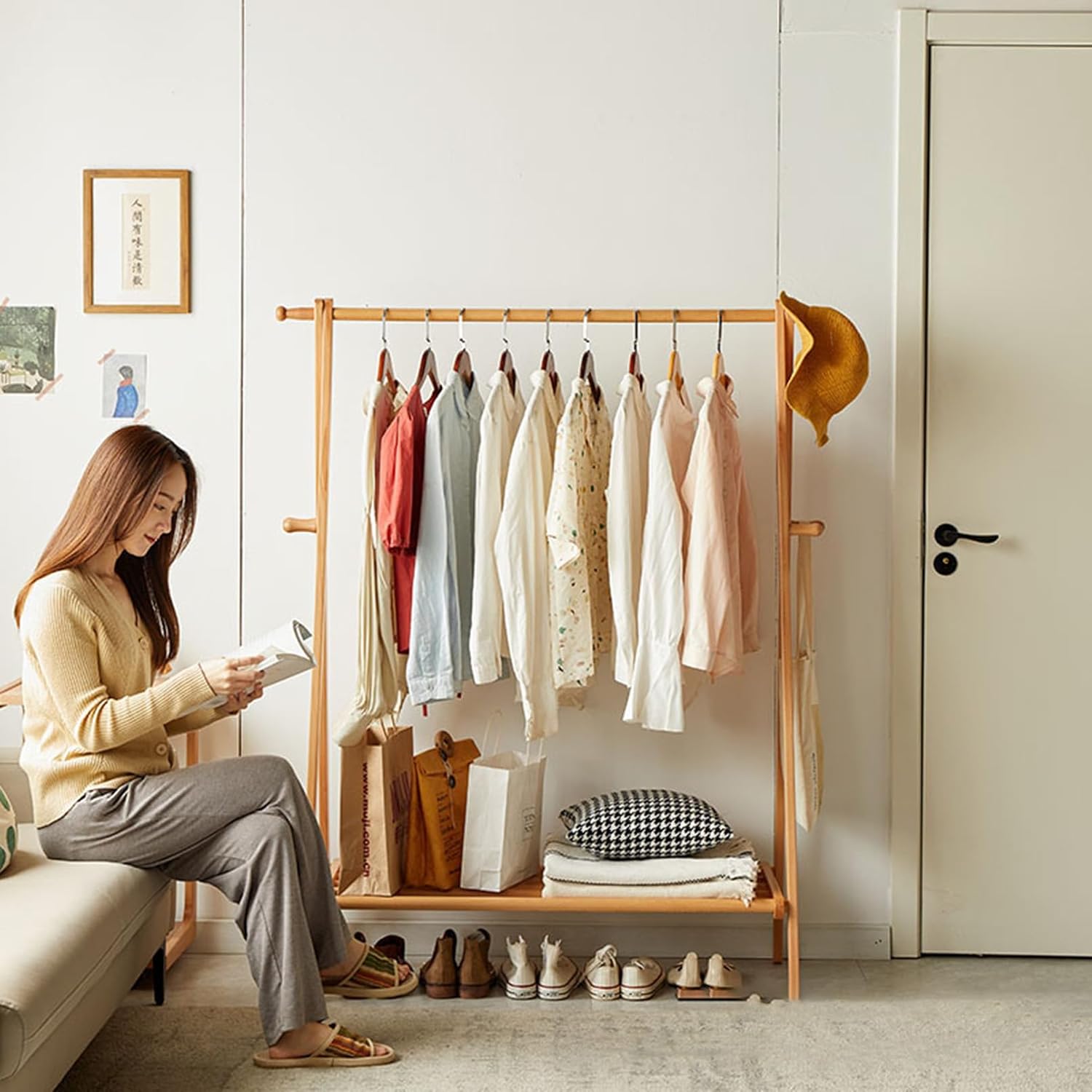 Bamboo Garment Rack Wood Garment Coat Clothes Hanging Heavy Duty Rack,Free Standing Coat Hanger Closet Organizer Storage Shelf for Hall Living Room Bedroom Office