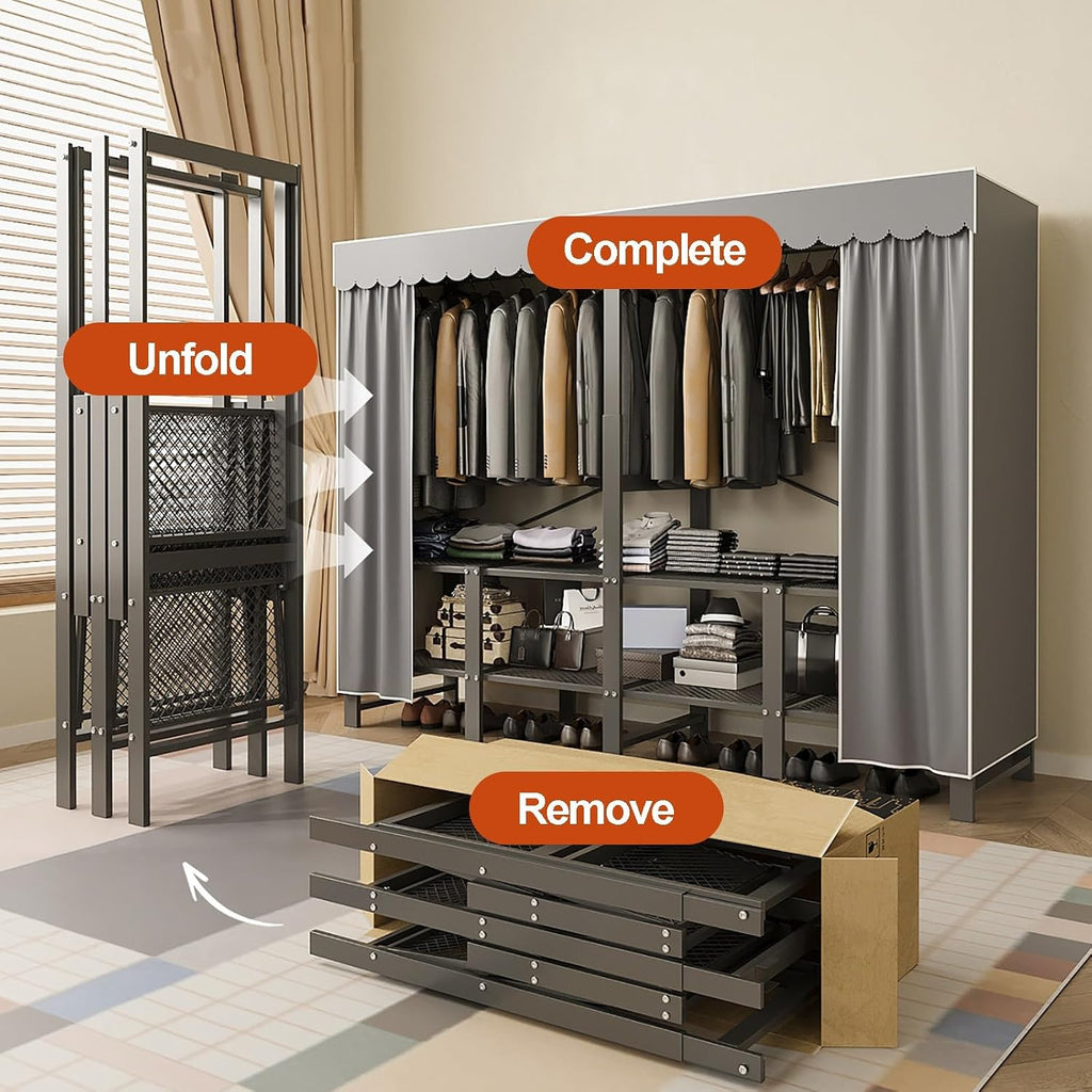 Foldable Wardrobe Closets For Hanging Clothes, Heavy-Duty Garment Rack With Cover, Folding Metal Clothing Racks, Covered Clothes Organizer Enclosed Armoires For Bedroom(A,90cm/35.4in)