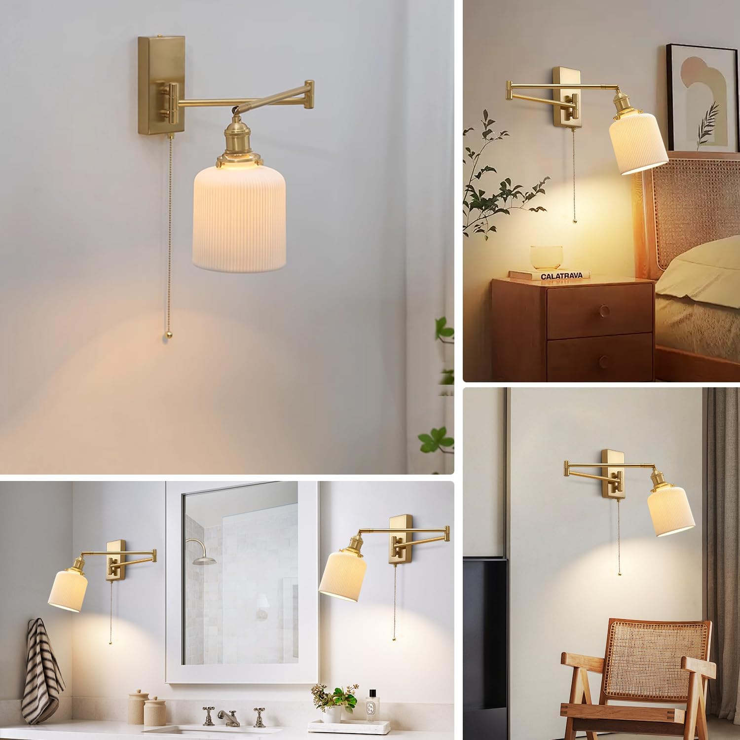 Vintage Antique Brass Wall Sconces Set of Two Gold Modern Farmhouse Wall Lighting Indoor Wall Mount Swing Arm Lamps with Pull Chain Bathroom Sconces Set of 2 Milk Glass Wall Lights MWL14C-2