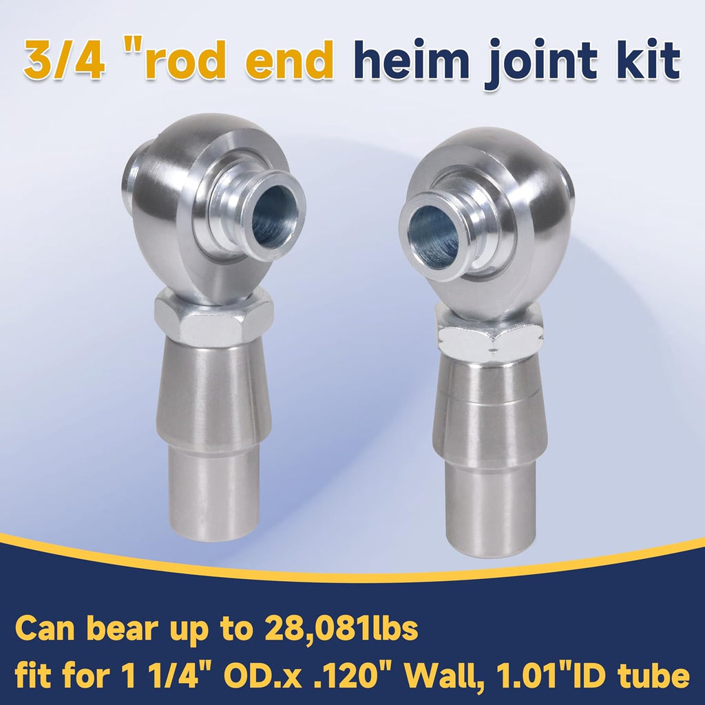 3/4' Heim Joints Rod End Kit Thread 0.75' Chromoly Heim Joints Suspension Kit Right and Left Hand Traction Bars Steering Kit with Round Tube Adapter Misalignment Spacer Jam Nuts, 4 Set