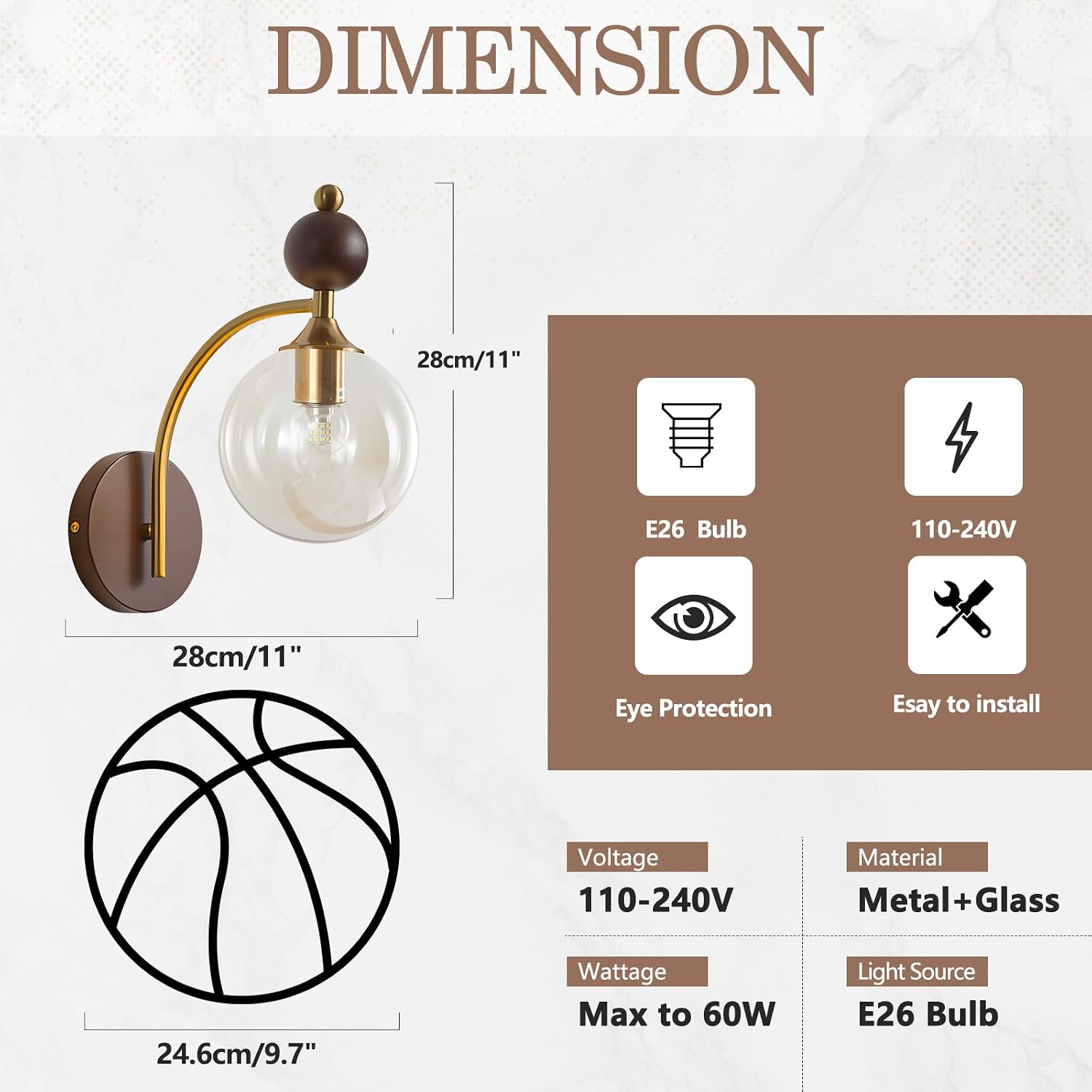 BOKT Brass Globe Gold Sconce Bedroom Wall Lamps Set of 2 Small Wall Lamp Modern Living Room Nordic Vanity Light Fixtures with Amber Glass 2-Light Bathroom Lighting Wall Sconces