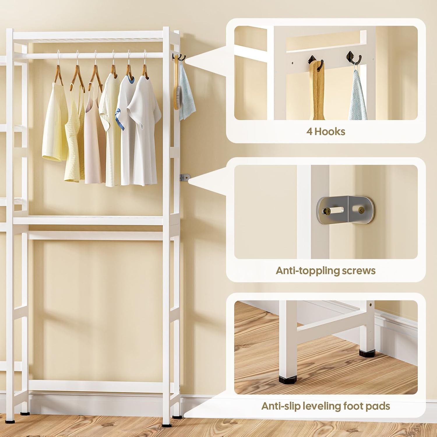 Cozivolife Over The Washer and Dryer Storage Shelf Bamboo,5 Tiers Laundry Room Drying Rack with Adjustable Shelves and 4 Hooks,Space Saver Organizer for Hanging Clothes and Towels (White)