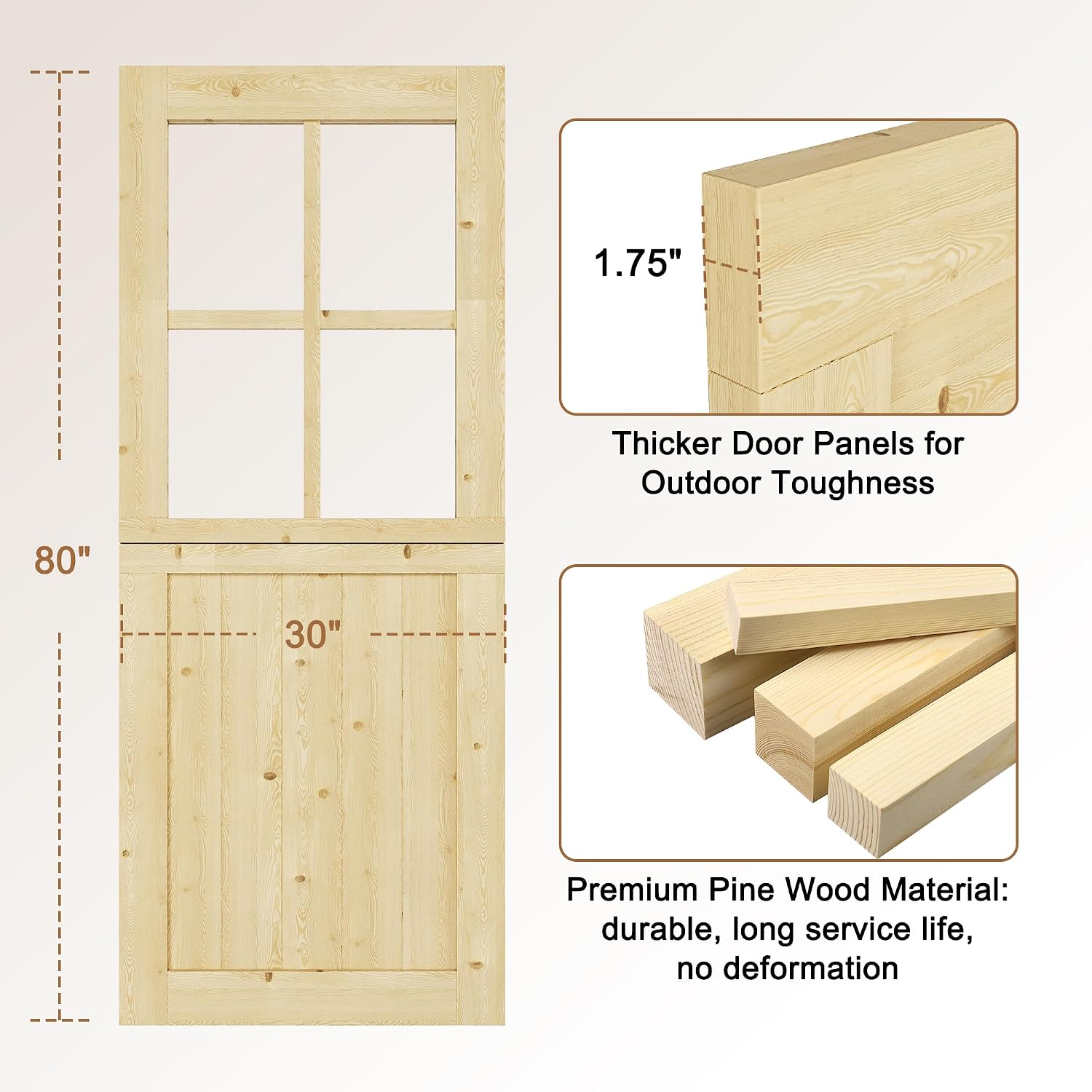 Interior & Exterior Dutch Door Slab, 30' x 80', Universal 4 Lite Tempered Clear Glass Split Single Door, Solid Core Home Door, Natural Pine Wood - with 4 Hinges & 1 Latch, Without Jamb