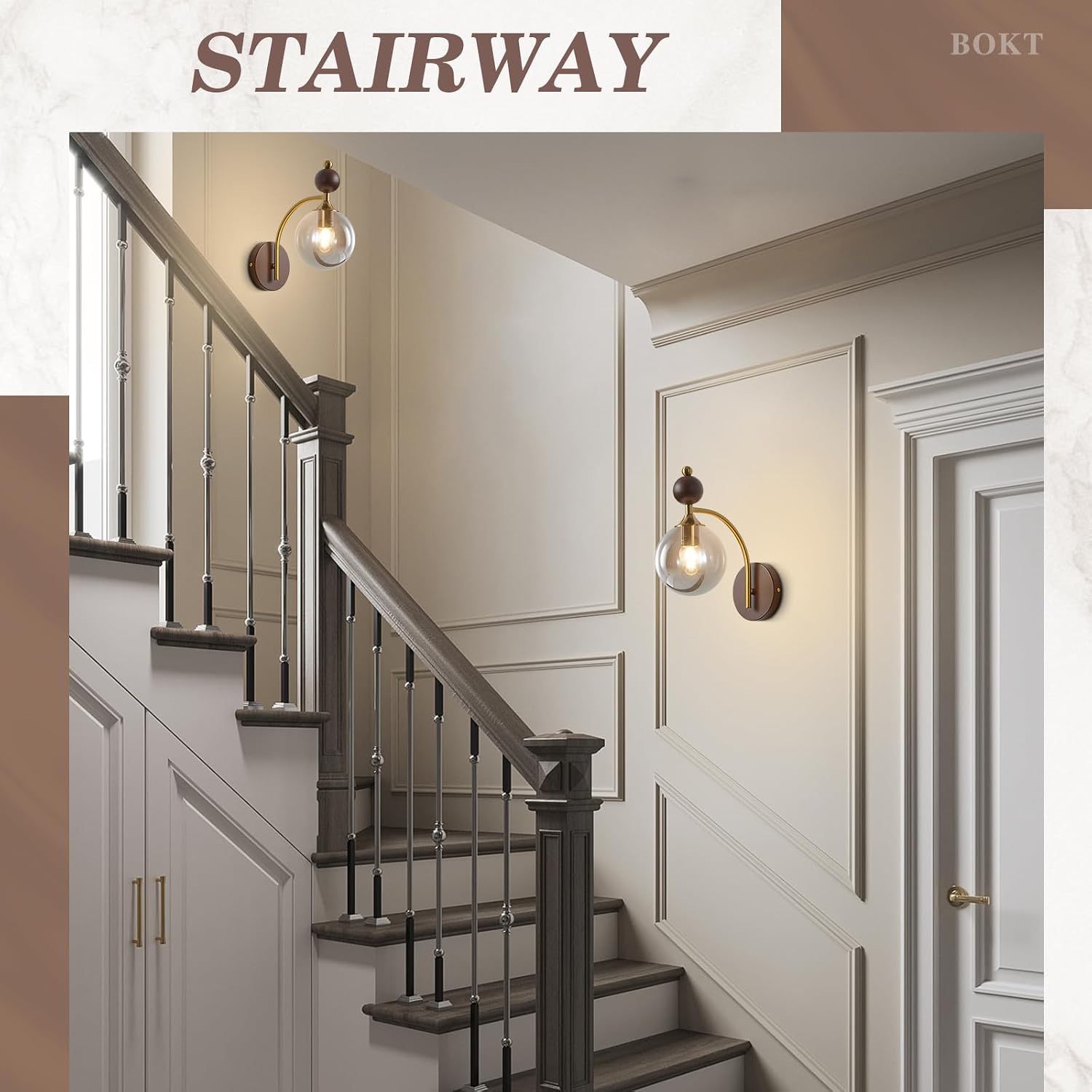 BOKT Modern Glass Globe Wall Sconce with 5.9' Smoke Grey Round Lampshade Small Wall Sconces Set of Two Farmhouse Wall Mounted Sconce Light Vintage Wooden Wall Lights for Bedroom Bathroom
