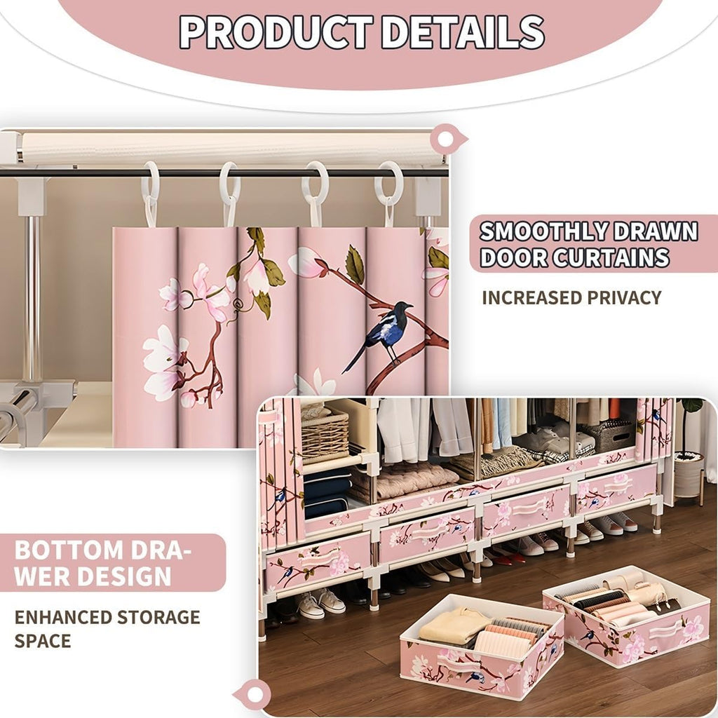 Closet Wardrobe Portable Clothes Closet with Drawer Boxes Shelves Clothing Storage with Hanging Rack Storage Organizer for Cloakroom Bedroom Entrances(Blue,150x45x165CM)