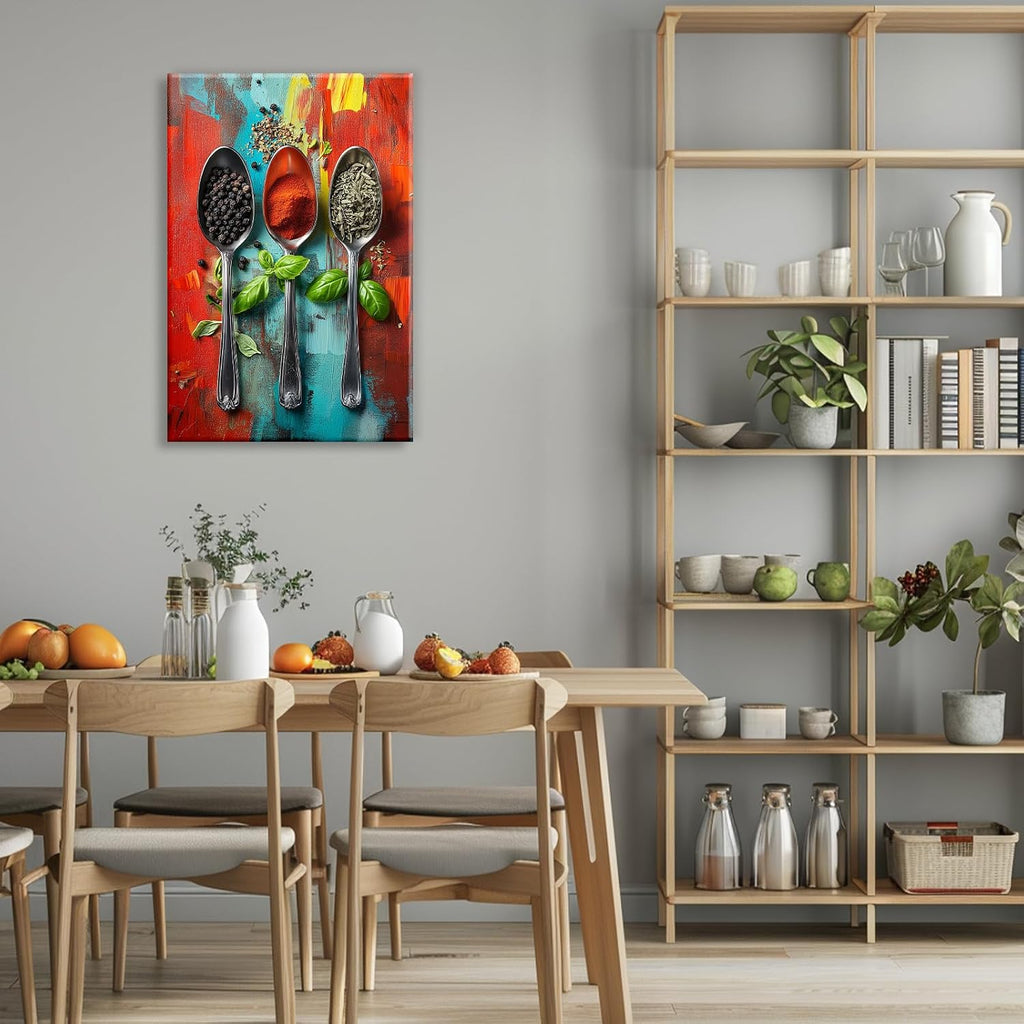 Kitchen Canvas Wall Art Colorful Spices Seasoning On Spoon Picture Print Abstract Contemporary Modern Artwork For Living Room Dining Room Hotel Decor(Artwork-6,28'x42')