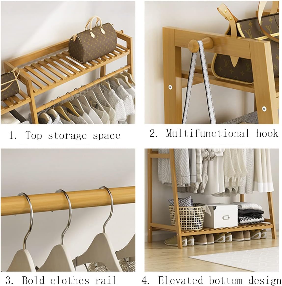 Bamboo Garment Rack with Shelf, Hanging Coat Rack for Clothes Coats Shoes, for Living Room Bedroom Entryway, Space Saver (Natural 80cm)