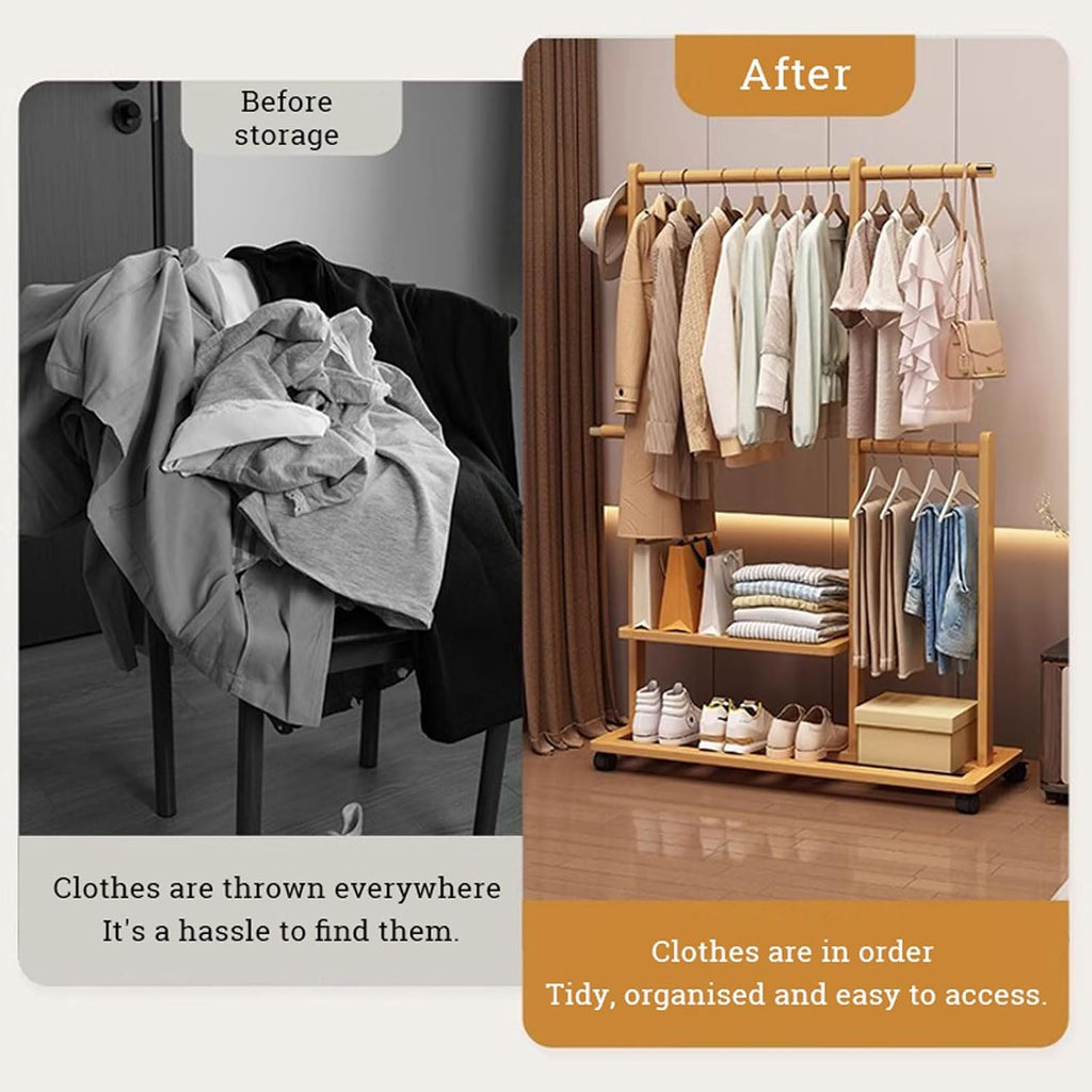 Bamboo Clothing Rack Coat Stand Free Standing Clothes Hanging Rail Garment Rack with Storage Shelves, Hanger Hooks and Pants Hanger, Open Wardrobe for Bedroom Living Room Hallway