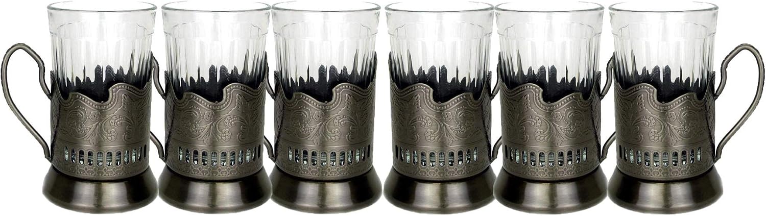 Neman 7 Oz Crystal Granyoniy Tea Glass with Podstakannik, Hot/Cold Beverage Glass with Metal Holder (6), 12 PCs
