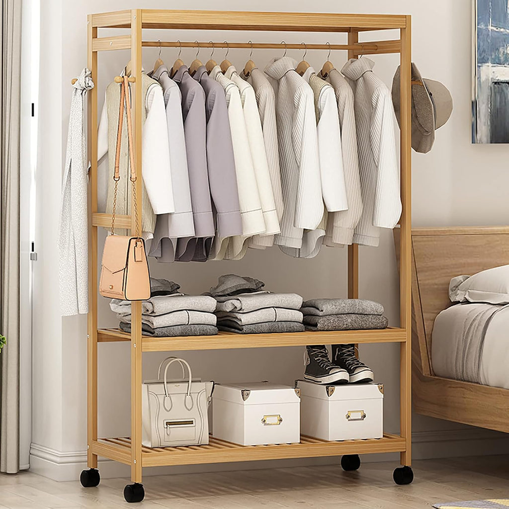 Bamboo Garment Coat Clothes Hanging Heavy Duty Rack with top Shelf and Shoe Clothing Storage Organizer Shelves,with Wheels, for Home Bedroom Entryway
