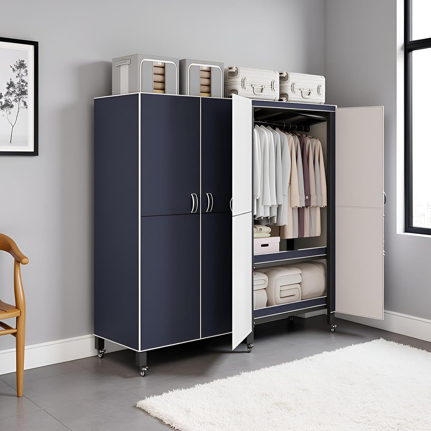 Heavy Duty Clothes Rack with Magnetic Door, Load 1500lbs, Foldable Portable Wardrobe Closet, Hanging Clothing metal Garment Rack Closet System for Bedroom,Apartments,rentals(Navy blue KT, 100cm/39in)