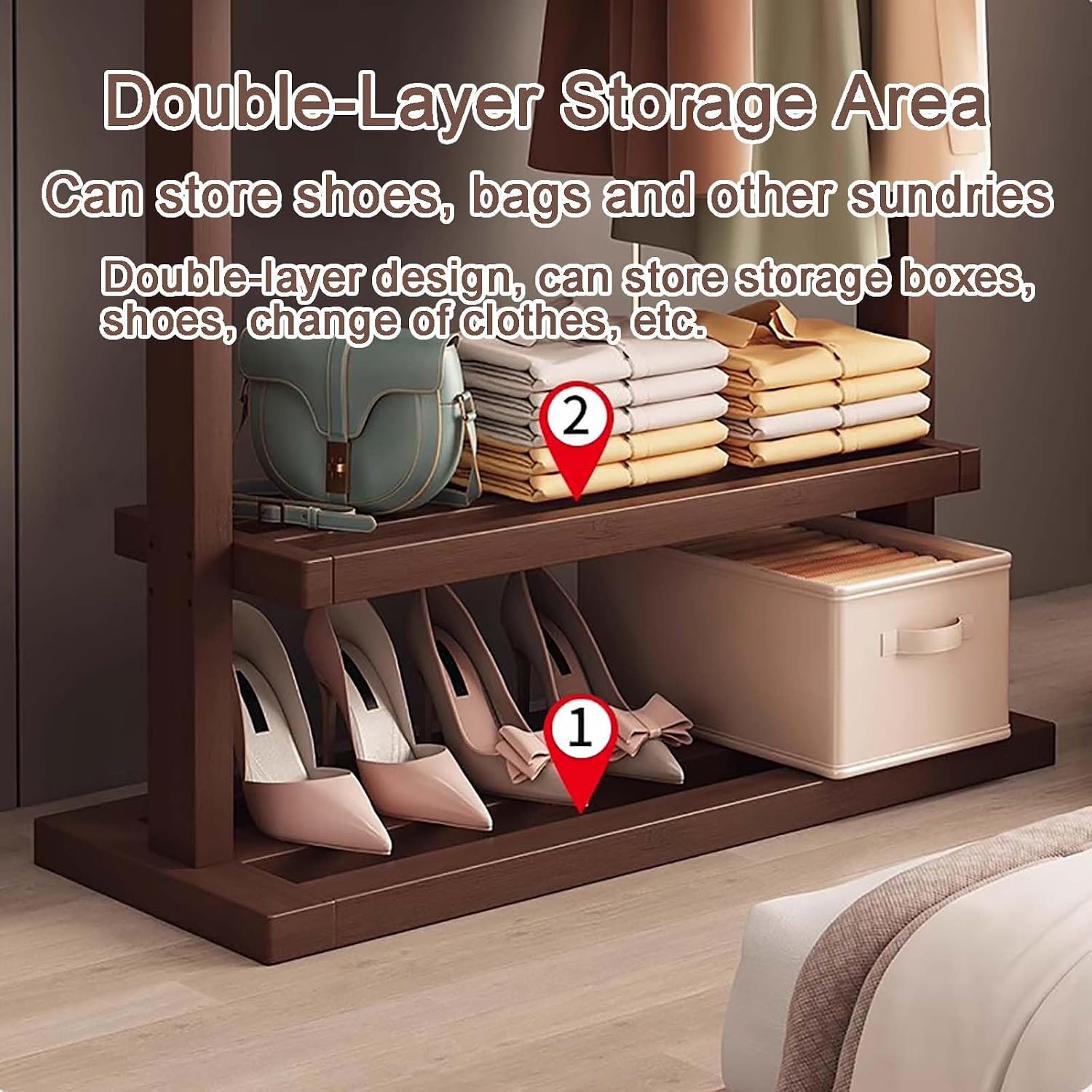 Clothes Rack, Bamboo Floor-standing Bedroom Coat Rack,Rack Heavy Duty Garment Racks For Hanging Clothes,Shoe Clothing Storage Organizer Shelves, 63 in Height(Natural,85CM/33.5IN)