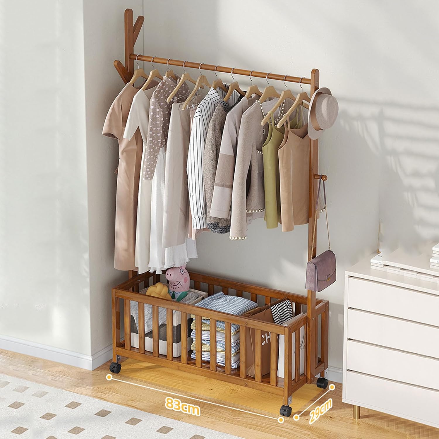 Clothes Stand Garment Rack with Casters, Bamboo Open Wardrobe with Hollow Storage Basket, Clothes Hanging Tidy Rail Shoe Rack for Clothes Hats Bags