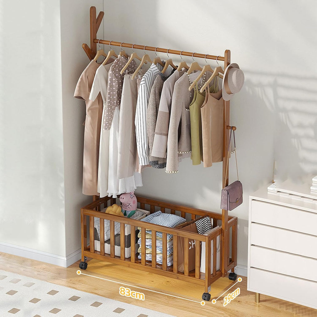 Bamboo Open Wardrobe with Hollow Storage Basket, Clothes Stand Garment Rack with Casters, Clothes Hanging Rail for Clothes Hats Bags
