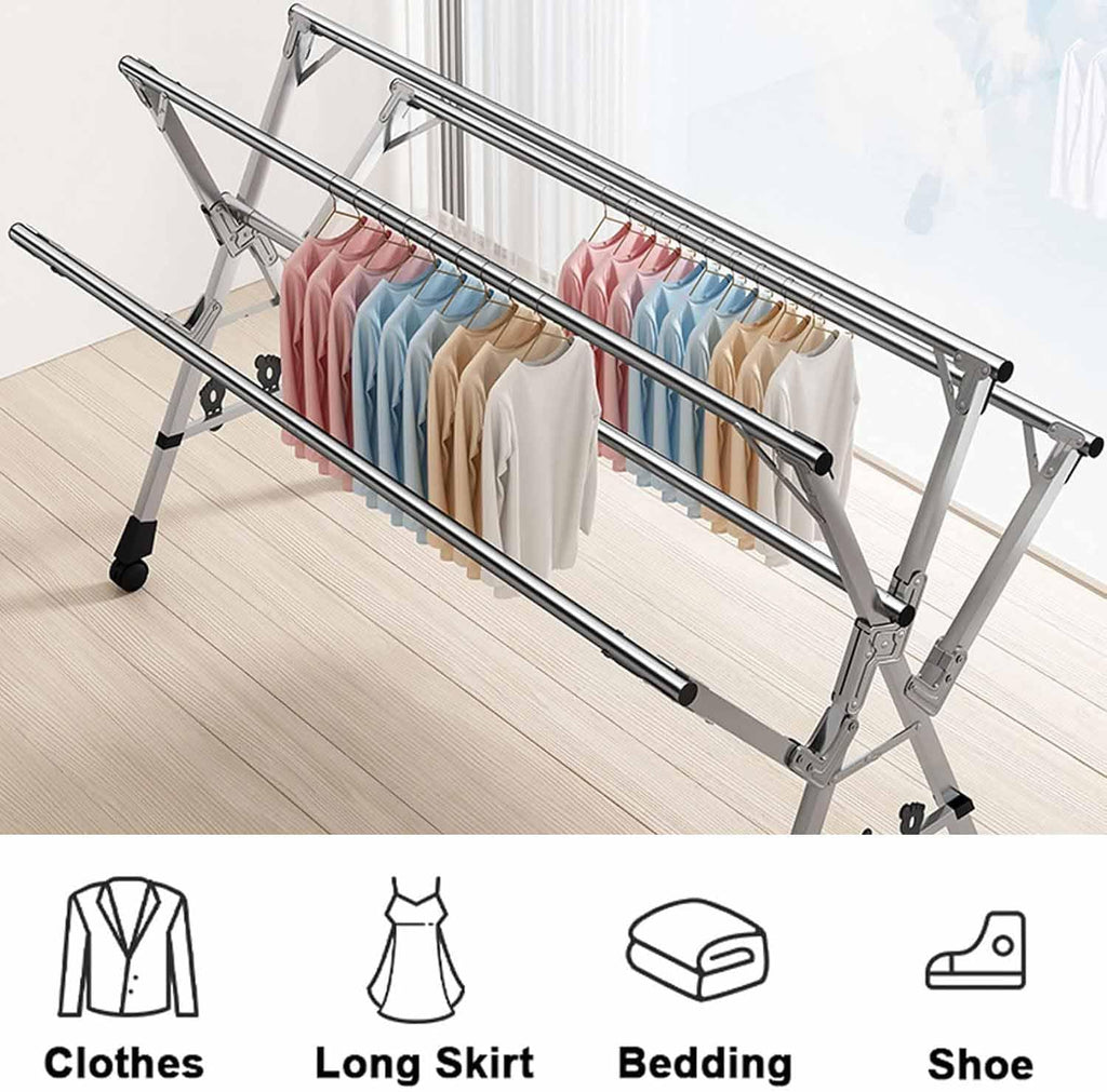 5Poles Folding Clothes Drying Rack,Stainless Steel Laundry Rack with Wheels, Blanket Rack,Clothe Sline, Extendable,with Windproof Hooks,for Indoor Outdoor