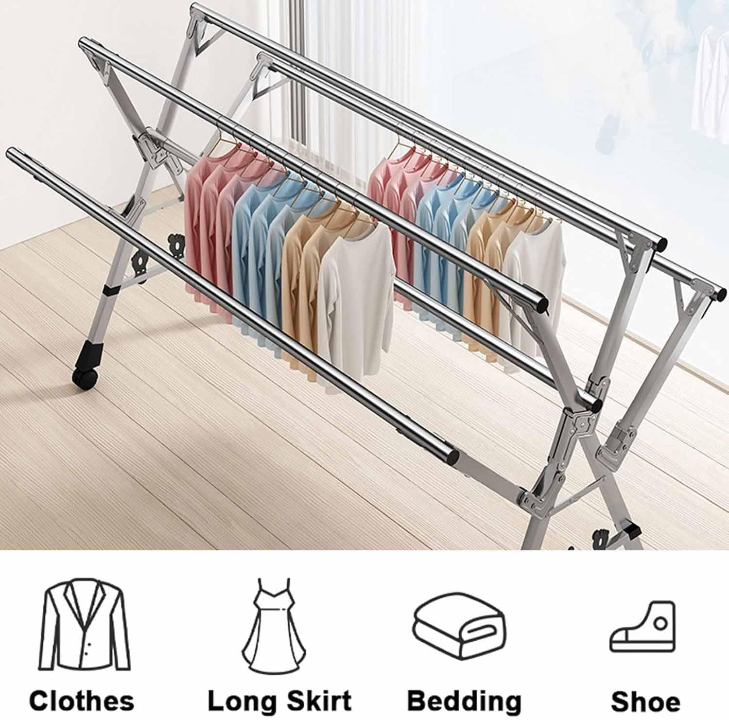 5Poles Folding Clothes Drying Rack,Stainless Steel Laundry Rack with Wheels, Blanket Rack,Clothe Sline, Extendable,with Windproof Hooks,for Indoor Outdoor