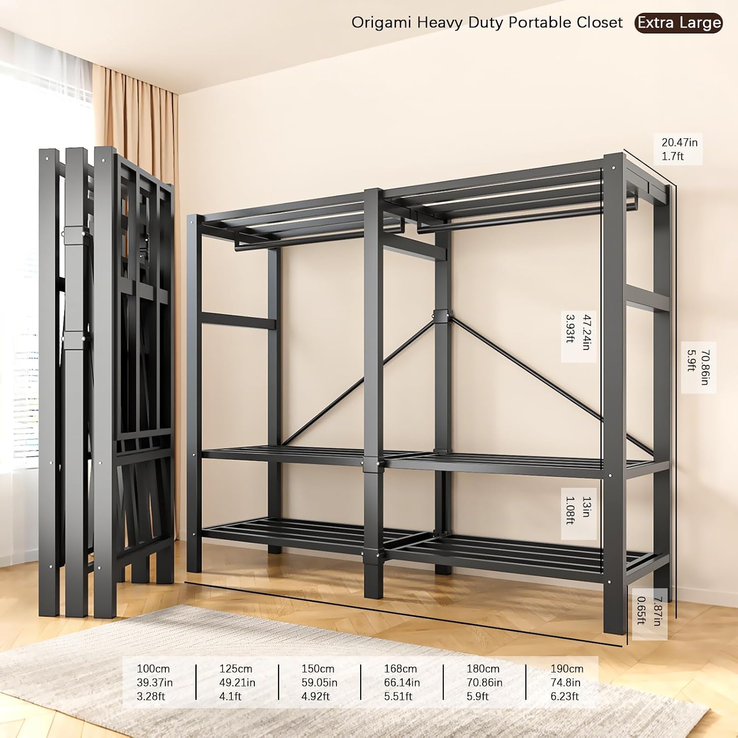 Foldable Portable Armoire Wardrobe Closet for Hanging Clothes Rack, Heavy Duty Covered Clothes Rack with Cover(HARDBOARD Magnetic), Closet Garment Rack for Bedroom Storage (KT Off-white, 59.05in)
