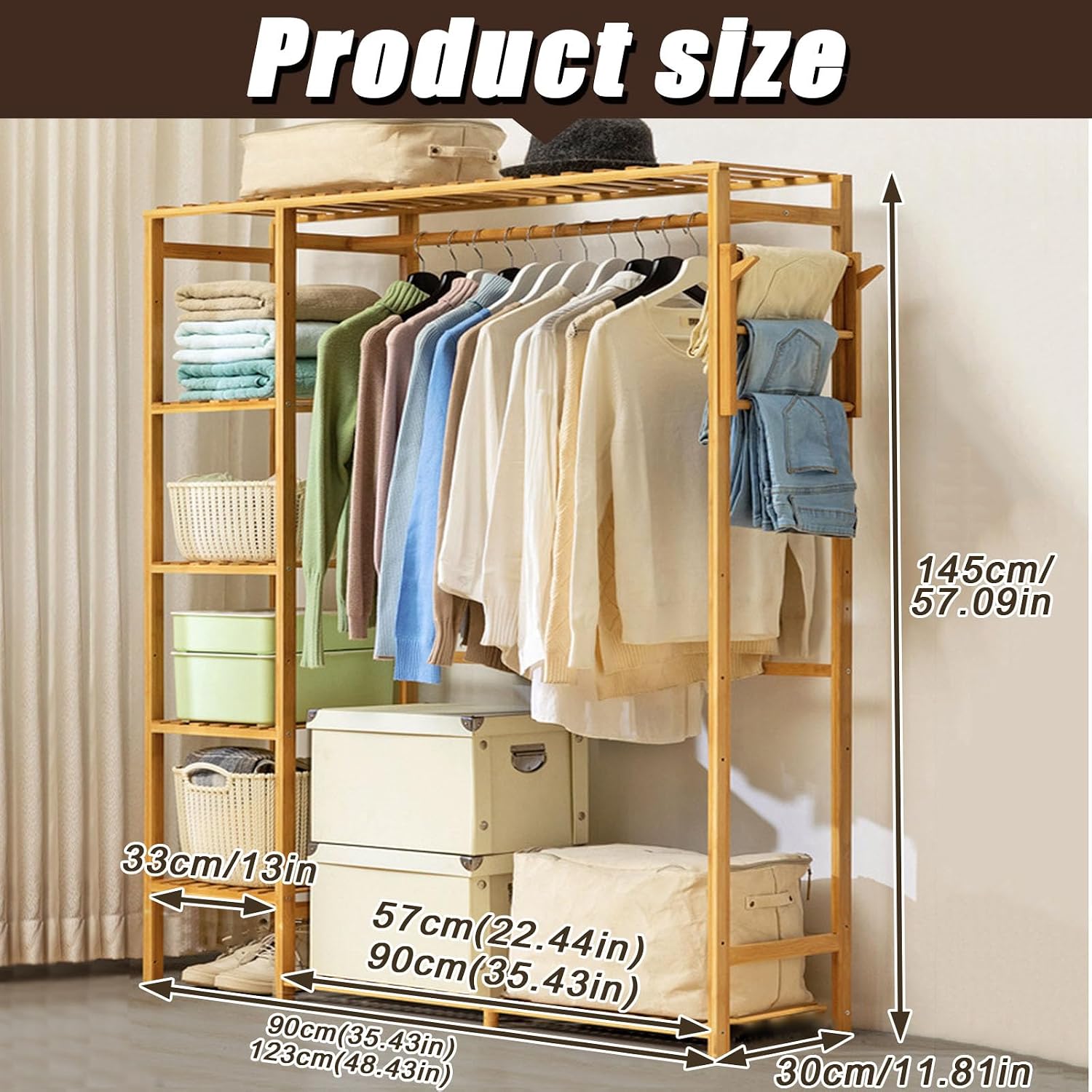 Garment Racks for Hanging Clothes - Closet System with Side Trouser Rack - Clothing Rack with 5 Tiers Shelves Bamboo Clothing Rack for Balcony,Living Room,Bedroom,Walnut,145×123cm/57×48in