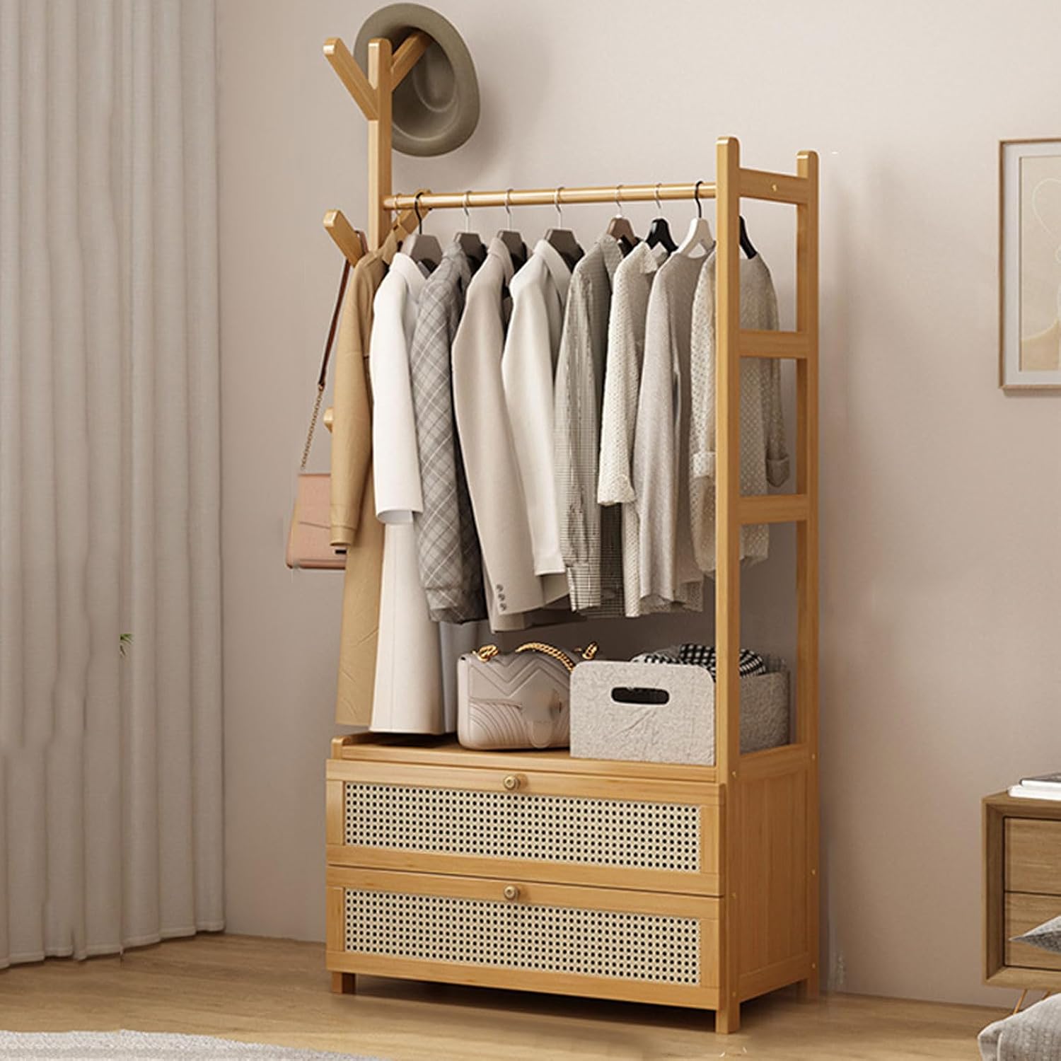 Bamboo Garment Rack Clothes Hat Rack with Storage Shelf, Hanging Rail and 2 Tier Storage Cabinet, Open Wardrobe Hanging Rail Coat Stands for Bedroom Living Room Hallway