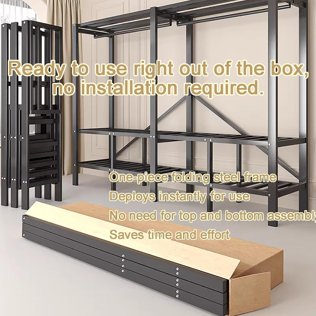 Foldable Heavy Duty Wardrobe Closet, Rolling Covered Portable, Metal Garment Rack for Hanging Clothes,for Bedroom