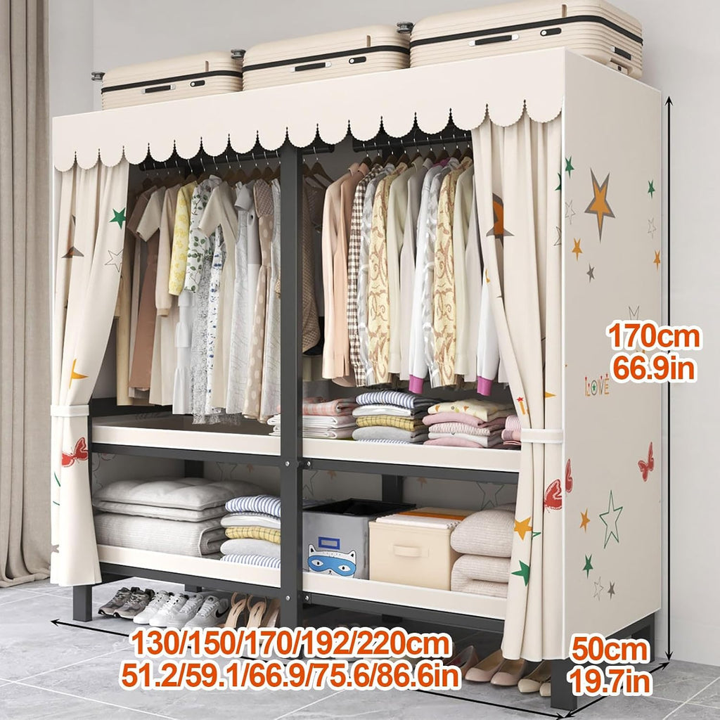 Foldable Portable Wardrobe Closet, Freestanding Clothing Rack, Metal Closet Organizer, Armoire Storage Garment Racks For Hanging Clothes, 30mm Thick Steel Tubes(C,192cm/75.6in)