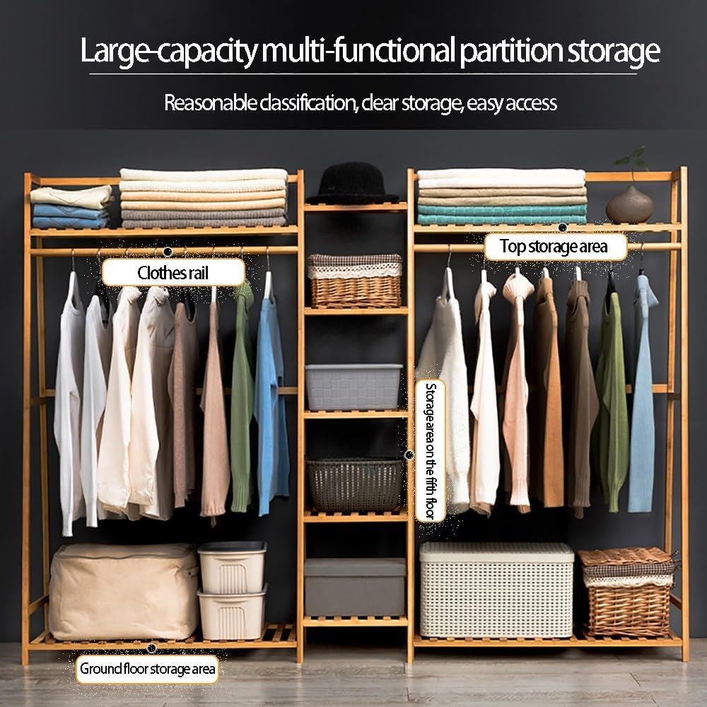 Floor-Standing Solid Wood Rotating Coat Rack，Bamboo Open Wardrobe with Shelves, Versatile Garment Rack & Hanging Rail, Stylish Coat Stand for Clothes, Towels, Shoes, Box Storage - Perfect fo