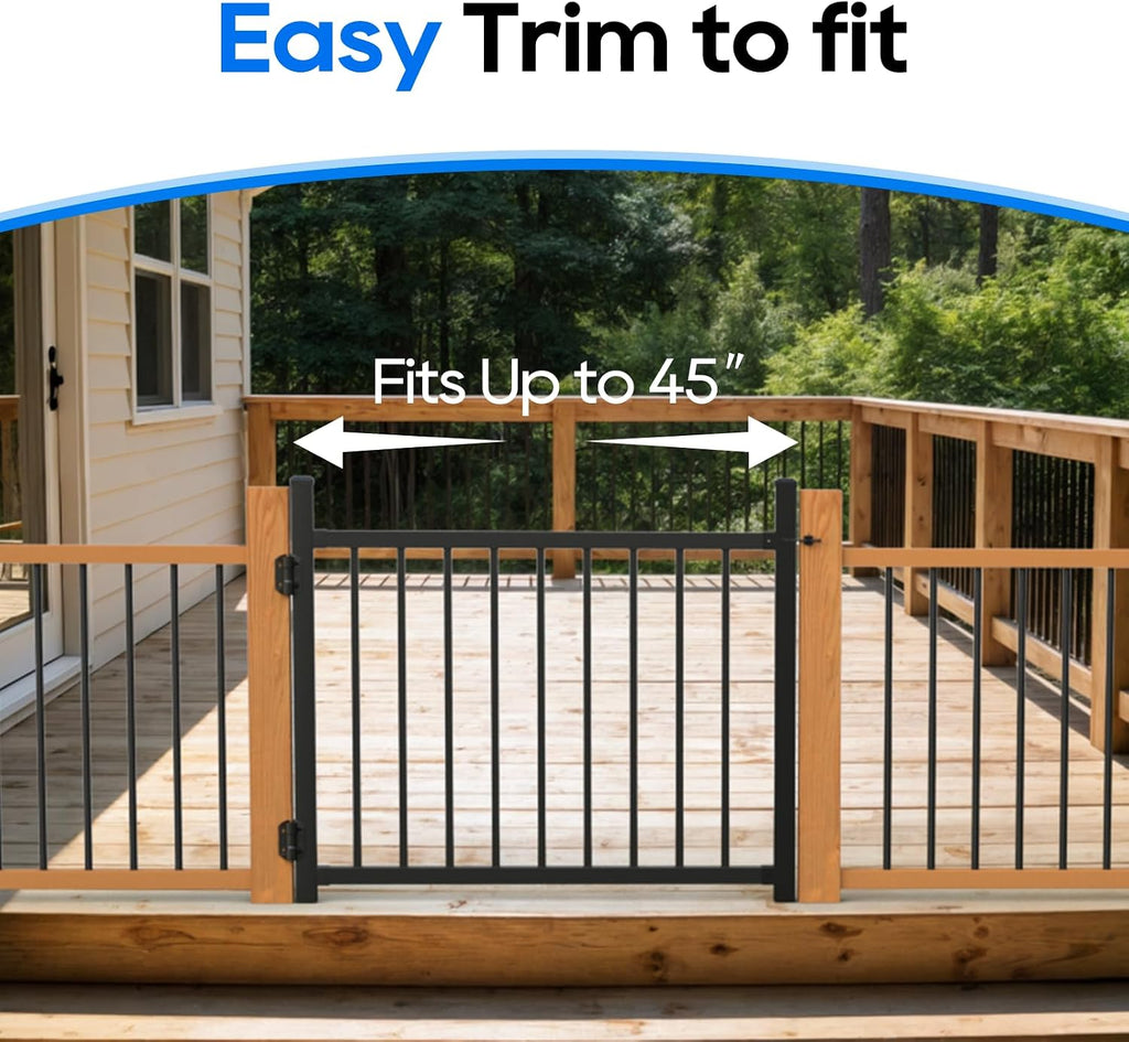 36'x45' Aluminum Gate with Self-Closing Hinges,Square Tube 3/4' pickets, Adjustable Width Black Powder Coated Deck gate Kits Incl. Hinges Latch for Deck Railing Patios Gardens Indoor Outdoor