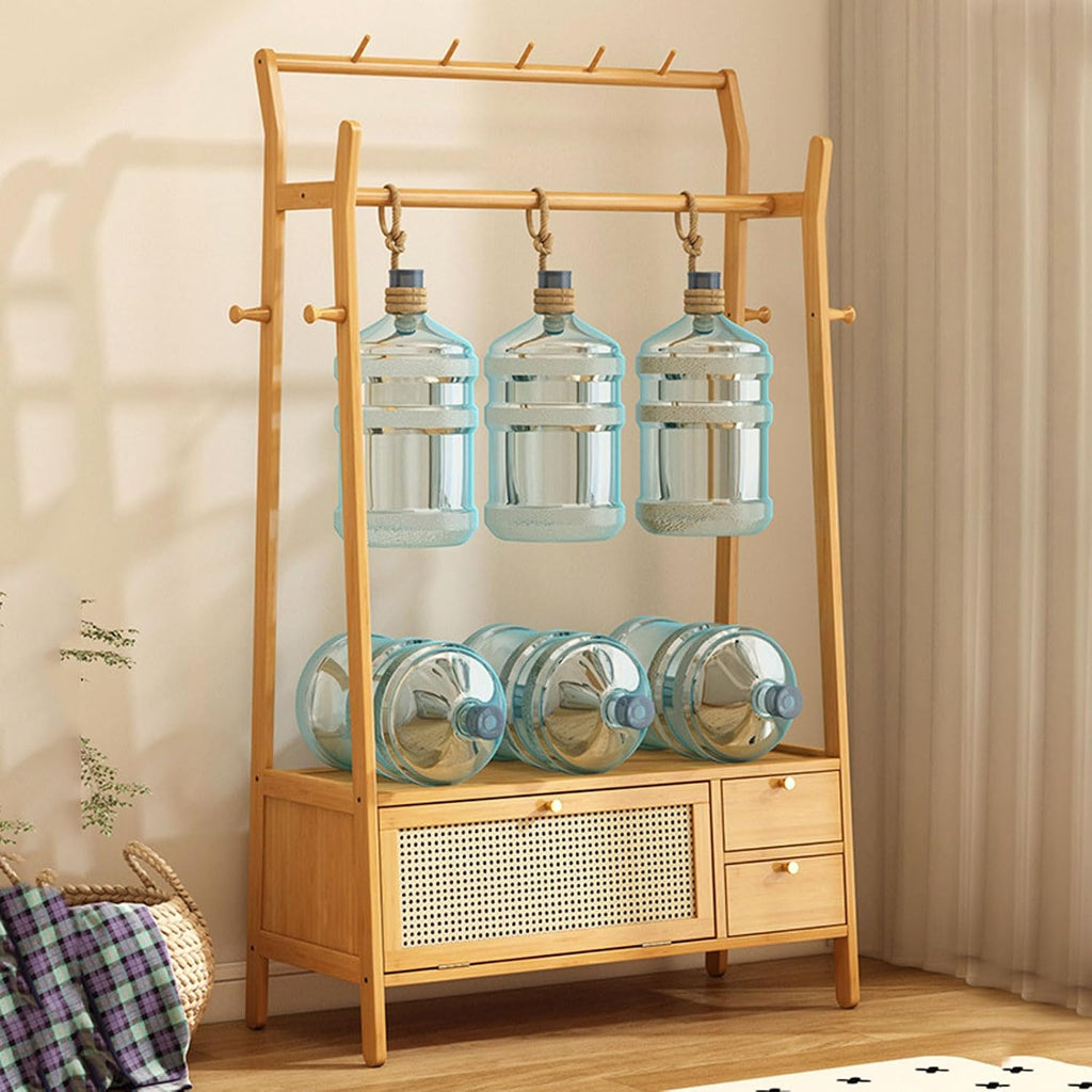 Free Standing Garment Rack with Casters, Bamboo Clothes Rack with Storage Cabinet Clothing Hanging Rail, Open Wardrobe Coat Stands for Bedroom Living Room Hallway
