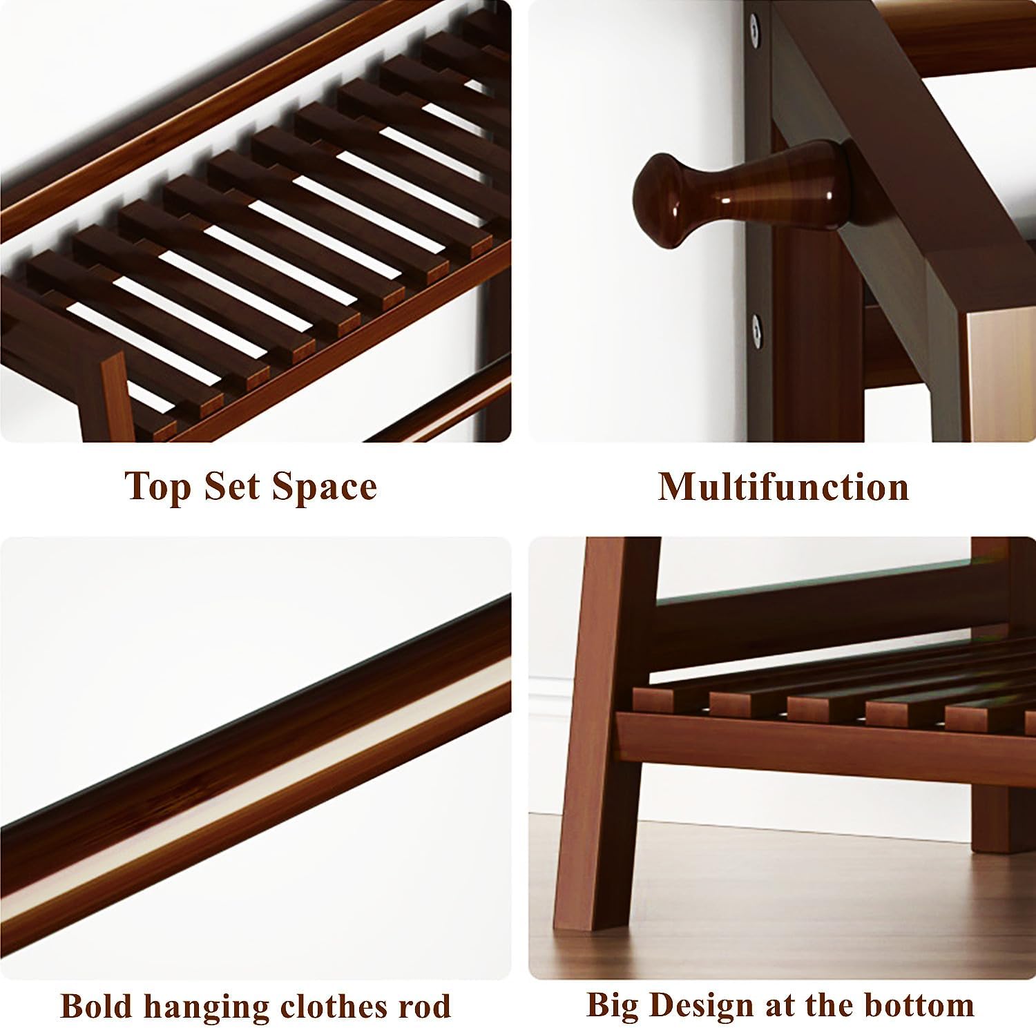 Bamboo Freestanding Clothing Rack - Large Garment Storage Organizer with Shelves, Brown, 130cm - Ideal for Hanging Clothes & Shoes, Stylish Wardrobe Solution