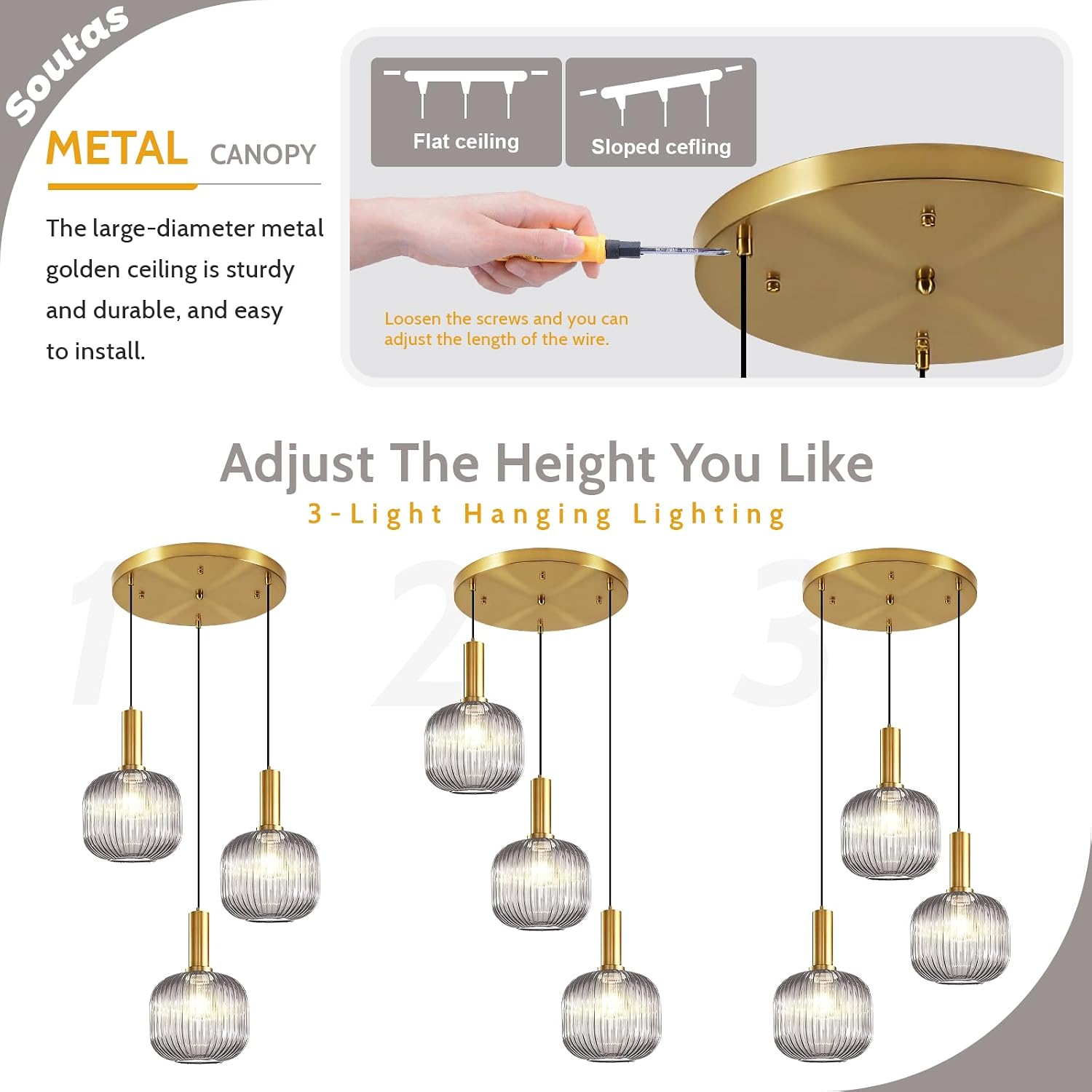 Gold 3-Light Pendant Light Fixture, Modern Smoke Gray Glass Cluster Pendant Lights Kitchen Island, Multi Light Pendant Chandelier Adjustable Hanging Lights for Dining Room Stairs Foyer