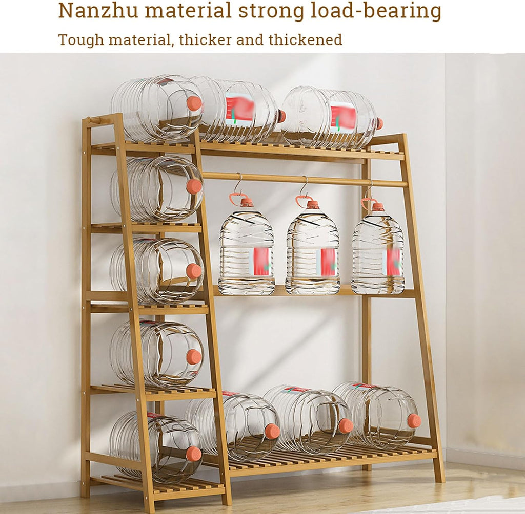 Free Standing Clothing Hanging Stand Bamboo Garment Rack with Storage Shelf, Hanging Rail and Side Hooks, Open Wardrobe Closet Tidy Rail for Clothes Hats Bags