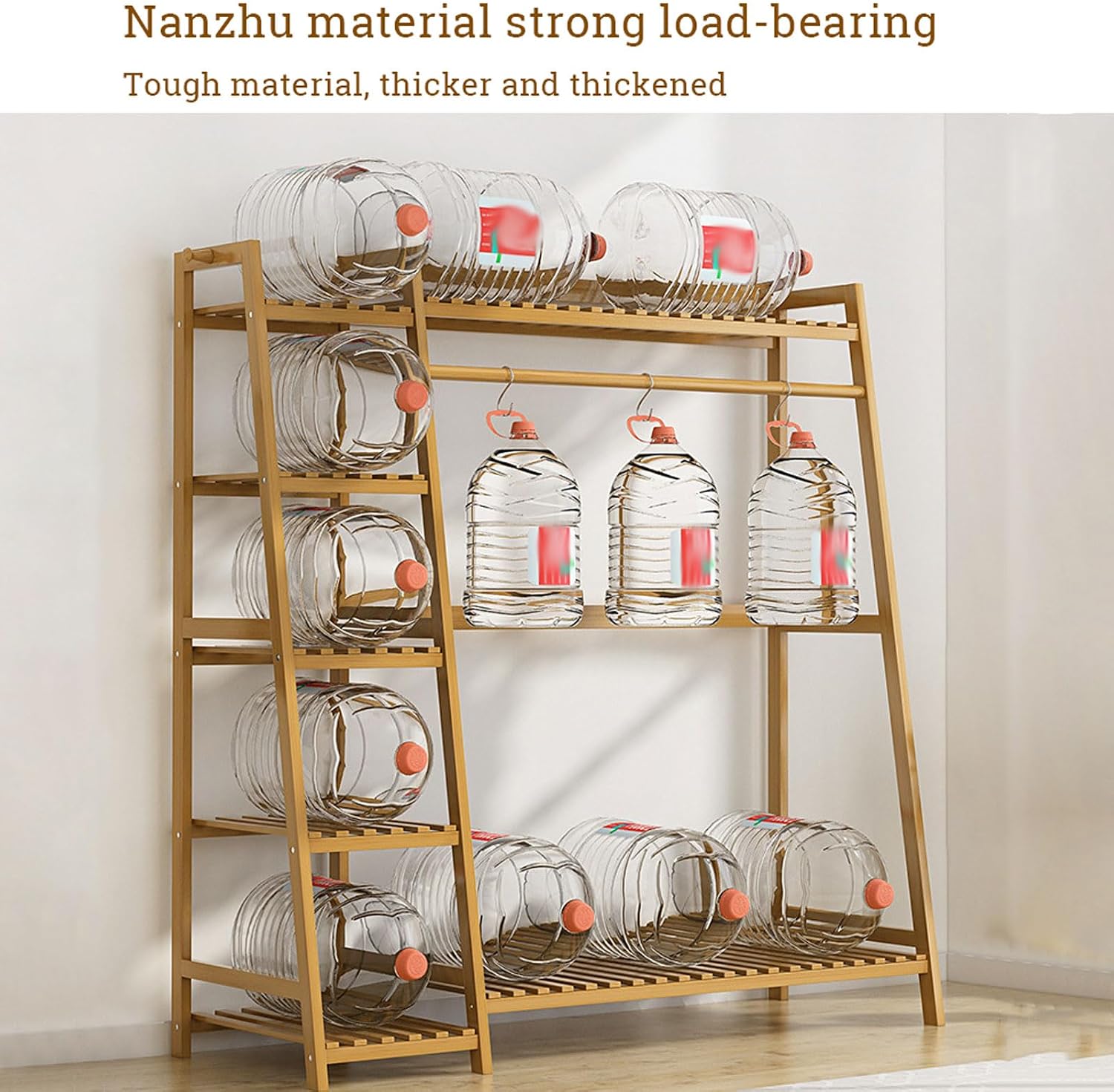 Free Standing Garment Rack Clothing Hanging Stand Bamboo Coat Racks with Storage Shelf, Hanging Rail and Side Hooks, Open Wardrobe Closet Tidy Rail for Clothes Hats Bags